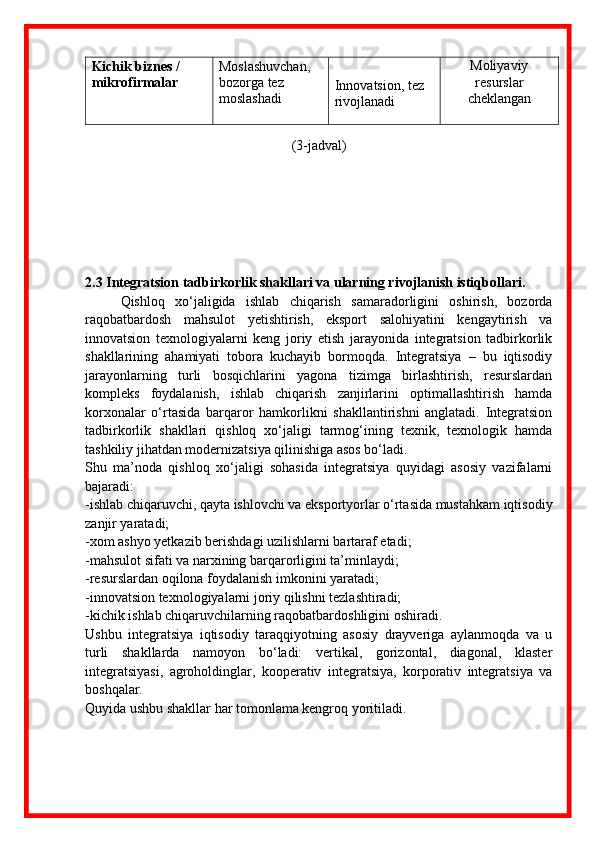 Kichik biznes / 
mikrofirmalar Moslashuvchan, 
bozorga tez 
moslashadi Innovatsion, tez 
rivojlanadi Moliyaviy
resurslar
cheklangan
(3-jadval)
2. 3  Integratsion tadbirkorlik shakllari va ularning rivojlanish istiqbollari.
Qishloq   xo‘jaligida   ishlab   chiqarish   samaradorligini   oshirish,   bozorda
raqobatbardosh   mahsulot   yetishtirish,   eksport   salohiyatini   kengaytirish   va
innovatsion   texnologiyalarni   keng   joriy   etish   jarayonida   integratsion   tadbirkorlik
shakllarining   ahamiyati   tobora   kuchayib   bormoqda.   Integratsiya   –   bu   iqtisodiy
jarayonlarning   turli   bosqichlarini   yagona   tizimga   birlashtirish,   resurslardan
kompleks   foydalanish,   ishlab   chiqarish   zanjirlarini   optimallashtirish   hamda
korxonalar   o‘rtasida   barqaror   hamkorlikni   shakllantirishni   anglatadi.   Integratsion
tadbirkorlik   shakllari   qishloq   xo‘jaligi   tarmog‘ining   texnik,   texnologik   hamda
tashkiliy jihatdan modernizatsiya qilinishiga asos bo‘ladi.
Shu   ma’noda   qishloq   xo‘jaligi   sohasida   integratsiya   quyidagi   asosiy   vazifalarni
bajaradi:
-ishlab chiqaruvchi, qayta ishlovchi va eksportyorlar o‘rtasida mustahkam iqtisodiy
zanjir yaratadi;
- xom ashyo yetkazib berishdagi uzilishlarni bartaraf etadi;
- mahsulot sifati va narxining barqarorligini ta’minlaydi;
- resurslardan oqilona foydalanish imkonini yaratadi;
- innovatsion texnologiyalarni joriy qilishni tezlashtiradi;
- kichik ishlab chiqaruvchilarning raqobatbardoshligini oshiradi.
Ushbu   integratsiya   iqtisodiy   taraqqiyotning   asosiy   drayveriga   aylanmoqda   va   u
turli   shakllarda   namoyon   bo‘ladi:   vertikal,   gorizontal,   diagonal,   klaster
integratsiyasi,   agroholdinglar,   kooperativ   integratsiya,   korporativ   integratsiya   va
boshqalar.
Quyida ushbu shakllar har tomonlama kengroq yoritiladi. 