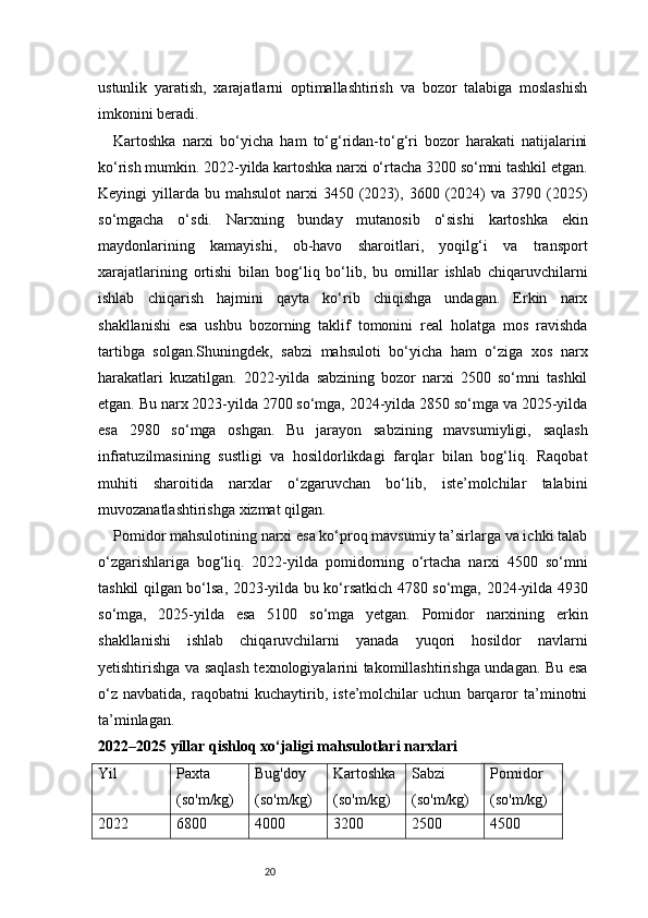 20ustunlik   yaratish,   xarajatlarni   optimallashtirish   va   bozor   talabiga   moslashish
imkonini beradi.
Kartoshka   narxi   bo‘yicha   ham   to‘g‘ridan-to‘g‘ri   bozor   harakati   natijalarini
ko‘rish mumkin. 2022-yilda kartoshka narxi o‘rtacha 3200 so‘mni tashkil etgan.
Keyingi   yillarda   bu  mahsulot   narxi   3450  (2023),  3600  (2024)   va  3790  (2025)
so‘mgacha   o‘sdi.   Narxning   bunday   mutanosib   o‘sishi   kartoshka   ekin
maydonlarining   kamayishi,   ob-havo   sharoitlari,   yoqilg‘i   va   transport
xarajatlarining   ortishi   bilan   bog‘liq   bo‘lib,   bu   omillar   ishlab   chiqaruvchilarni
ishlab   chiqarish   hajmini   qayta   ko‘rib   chiqishga   undagan.   Erkin   narx
shakllanishi   esa   ushbu   bozorning   taklif   tomonini   real   holatga   mos   ravishda
tartibga   solgan.Shuningdek,   sabzi   mahsuloti   bo‘yicha   ham   o‘ziga   xos   narx
harakatlari   kuzatilgan.   2022-yilda   sabzining   bozor   narxi   2500   so‘mni   tashkil
etgan. Bu narx 2023-yilda 2700 so‘mga, 2024-yilda 2850 so‘mga va 2025-yilda
esa   2980   so‘mga   oshgan.   Bu   jarayon   sabzining   mavsumiyligi,   saqlash
infratuzilmasining   sustligi   va   hosildorlikdagi   farqlar   bilan   bog‘liq.   Raqobat
muhiti   sharoitida   narxlar   o‘zgaruvchan   bo‘lib,   iste’molchilar   talabini
muvozanatlashtirishga xizmat qilgan.
Pomidor mahsulotining narxi esa ko‘proq mavsumiy ta’sirlarga va ichki talab
o‘zgarishlariga   bog‘liq.   2022-yilda   pomidorning   o‘rtacha   narxi   4500   so‘mni
tashkil qilgan bo‘lsa, 2023-yilda bu ko‘rsatkich 4780 so‘mga, 2024-yilda 4930
so‘mga,   2025-yilda   esa   5100   so‘mga   yetgan.   Pomidor   narxining   erkin
shakllanishi   ishlab   chiqaruvchilarni   yanada   yuqori   hosildor   navlarni
yetishtirishga va saqlash texnologiyalarini takomillashtirishga undagan. Bu esa
o‘z   navbatida,   raqobatni   kuchaytirib,   iste’molchilar   uchun   barqaror   ta’minotni
ta’minlagan.
2022–2025 yillar qishloq xo‘jaligi mahsulotlari narxlari
Yil Paxta
(so'm/kg) Bug'doy
(so'm/kg) Kartoshka
(so'm/kg) Sabzi
(so'm/kg) Pomidor
(so'm/kg)
2022 6800 4000 3200 2500 4500 