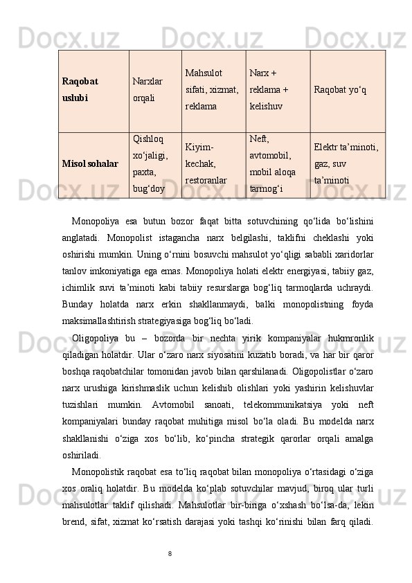 8Raqobat 
uslubi Narxlar 
orqali Mahsulot 
sifati, xizmat, 
reklama Narx + 
reklama + 
kelishuv Raqobat yo‘q
Misol sohalar Qishloq 
xo‘jaligi, 
paxta, 
bug‘doy Kiyim-
kechak, 
restoranlar Neft, 
avtomobil, 
mobil aloqa 
tarmog‘i Elektr ta’minoti, 
gaz, suv 
ta’minoti
Monopoliya   esa   butun   bozor   faqat   bitta   sotuvchining   qo‘lida   bo‘lishini
anglatadi.   Monopolist   istagancha   narx   belgilashi,   taklifni   cheklashi   yoki
oshirishi mumkin. Uning o‘rnini bosuvchi mahsulot yo‘qligi sababli xaridorlar
tanlov imkoniyatiga ega emas. Monopoliya holati elektr energiyasi, tabiiy gaz,
ichimlik   suvi   ta’minoti   kabi   tabiiy   resurslarga   bog‘liq   tarmoqlarda   uchraydi.
Bunday   holatda   narx   erkin   shakllanmaydi,   balki   monopolistning   foyda
maksimallashtirish strategiyasiga bog‘liq bo‘ladi.
Oligopoliya   bu   –   bozorda   bir   nechta   yirik   kompaniyalar   hukmronlik
qiladigan  holatdir.  Ular  o‘zaro  narx  siyosatini  kuzatib  boradi,  va  har   bir  qaror
boshqa raqobatchilar tomonidan javob bilan qarshilanadi. Oligopolistlar o‘zaro
narx   urushiga   kirishmaslik   uchun   kelishib   olishlari   yoki   yashirin   kelishuvlar
tuzishlari   mumkin.   Avtomobil   sanoati,   telekommunikatsiya   yoki   neft
kompaniyalari   bunday   raqobat   muhitiga   misol   bo‘la   oladi.   Bu   modelda   narx
shakllanishi   o‘ziga   xos   bo‘lib,   ko‘pincha   strategik   qarorlar   orqali   amalga
oshiriladi.
Monopolistik raqobat  esa  to‘liq raqobat  bilan monopoliya o‘rtasidagi  o‘ziga
xos   oraliq   holatdir.   Bu   modelda   ko‘plab   sotuvchilar   mavjud,   biroq   ular   turli
mahsulotlar   taklif   qilishadi.   Mahsulotlar   bir-biriga   o‘xshash   bo‘lsa-da,   lekin
brend,   sifat,   xizmat   ko‘rsatish   darajasi   yoki   tashqi   ko‘rinishi   bilan   farq   qiladi. 