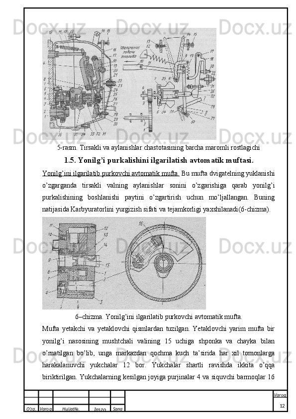 O’zg. Varoq Hujjat№.
Imzo Sana Varoq
 5-rasm. Tirsakli va aylanishlar chastotasining barcha maromli rostlagichi
1. 5. Yonilg’i purkalishini ilgarilatish avtomatik muftasi .
Yonilg’ini ilgarilatib purkovchi avtomatik mufta.  Bu mufta dvigatelning yuklanishi
o’zgarganda   tirsakli   valning   aylanishlar   sonini   o’zgarishiga   qarab   yonilg’i
purkalishining   boshlanishi   paytini   o’zgartirish   uchun   mo’ljallangan.   Buning
natijasida Karbyuratorlini yurgizish sifati va tejamkorligi yaxshilanadi ( 6-chizma).
6–chizma. Yonilg’ini ilgarilatib purkovchi avtomatik mufta.
Mufta   yetakchi   va   yetaklovchi   qismlardan   tuzilgan.   Yetaklovchi   yarim   mufta   bir
yonilg’i   nasosining   mushtchali   valining   15   uchiga   shponka   va   chayka   bilan
o’rnatilgan   bo’lib,   unga   markazdan   qochma   kuch   ta’sirida   har   xil   tomonlarga
harakalanuvchi   yukchalar   12   bor.   Yukchalar   shartli   ravishda   ikkita   o’qqa
biriktirilgan. Yukchalarning kesilgan joyiga purjinalar 4 va siquvchi barmoqlar 16
12 