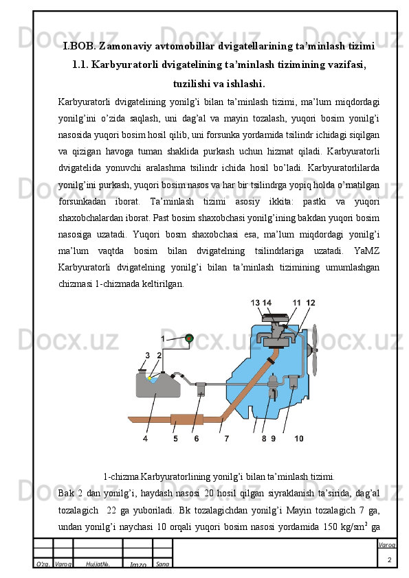 O’zg. Varoq Hujjat№.
Imzo Sana Varoq
 I.BOB. Zamonaviy avtomobillar dvigatellarining ta’minlash tizimi
1. 1. Karbyuratorli dvigatelining ta’minlash tizimining vazifasi,
tuzilishi va ishlashi.
Karbyuratorli   dvigatelining   yonilg’i   bilan   ta’minlash   tizimi,   ma’lum   miqdordagi
yonilg’ini   o’zida   saqlash,   uni   dag’al   va   mayin   tozalash,   yuqori   bosim   yonilg’i
nasosida yuqori bosim hosil qilib, uni forsunka yordamida tsilindr ichidagi siqilgan
va   qizigan   havoga   tuman   shaklida   purkash   uchun   hizmat   qiladi.   Karbyuratorli
dvigatelida   yonuvchi   aralashma   tsilindr   ichida   hosil   bo’ladi.   Karbyuratorlilarda
yonilg’ini purkash, yuqori bosim nasos va har bir tsilindrga yopiq holda o’rnatilgan
forsunkadan   iborat.   Ta’minlash   tizimi   asosiy   ikkita:   pastki   va   yuqori
shaxobchalardan iborat. Past bosim shaxobchasi yonilg’ining bakdan yuqori bosim
nasosiga   uzatadi.   Yuqori   bosm   shaxobchasi   esa,   ma’lum   miqdordagi   yonilg’i
ma’lum   vaqtda   bosim   bilan   dvigatelning   tsilindrlariga   uzatadi.   YaMZ
Karbyuratorli   dvigatelning   yonilg’i   bilan   ta’minlash   tizimining   umumlashgan
chizmasi 1-chizmada keltirilgan.
1-chizma.Karbyuratorlining yonilg’i bilan ta’minlash tizimi.
Bak   2   dan   yonilg’i,   haydash   nasosi   20   hosil   qilgan   siyraklanish   ta’sirida,   dag’al
tozalagich     22   ga   yuboriladi.   Bk   tozalagichdan   yonilg’i   Mayin   tozalagich   7   ga,
undan  yonilg’i  naychasi  10  orqali   yuqori  bosim   nasosi   yordamida  150  kg/sm 2
  ga
2 