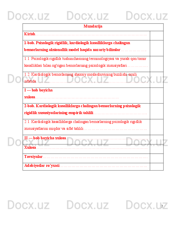 Mundarija
Kirish …………………………………………………………………………
1-bob.  Psixologik rigidlik,  kardiologik kasalliklarga chalingan 
bemorlarning  aksionallik model  haqida nazariy bilimlar ……………… ..
1.1. Psixologik rigidlik tushunchasining terminologiyasi va yurak-qon tomir 
kasalliklari bilan og'rigan bemorlarning psixologik xususiyatlari …………… .
1.2. Kardiologik bemorlarning shaxsiy moslashuvining buzilishi omili 
sifatida …………………………………………………………………………
I  —  bob boyicha 
xulosa ………………………………………………………
2-bob. Kardiologik kasalliklarga chalingan bemorlarning psixologik 
rigidlik xususiyatlari ning empirik tahlili ………………………………… ..
2.1. Kardiologik kasalliklarga chalingan bemorlarning psixologik rigidlik 
xususiyatlari ni miqdor va sifat tahlili …………………………………………
II  —  bob boyicha xulosa …………………………………………………… ..
Xulosa …………………………………………………………………………
Tavsiyalar …………………………………………………………………… .
Adabiyotlar   ro'yxati …………………………………………………………
2 