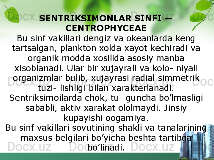 SENTRIKSIMONLAR SINFI — 
CENTROPHYCEAE
Bu sinf vakillari dengiz va okeanlarda keng 
tartsalgan, plankton xolda xayot kechiradi va 
organik modda xosilida asosiy manba 
xisoblanadi. Ular bir xujayrali va kolo- niyali 
organizmlar bulib, xujayrasi radial simmetrik 
tuzi- lishligi bilan xarakterlanadi. 
Sentriksimoilarda chok, tu- guncha bo’lmasligi 
sababli, aktiv xarakat ololmaydi. Jinsiy 
kupayishi oogamiya.
Bu sinf vakillari sovutining shakli va tanalarining 
maxsus belgilari bo’yicha beshta tartibga 
bo’linadi.  