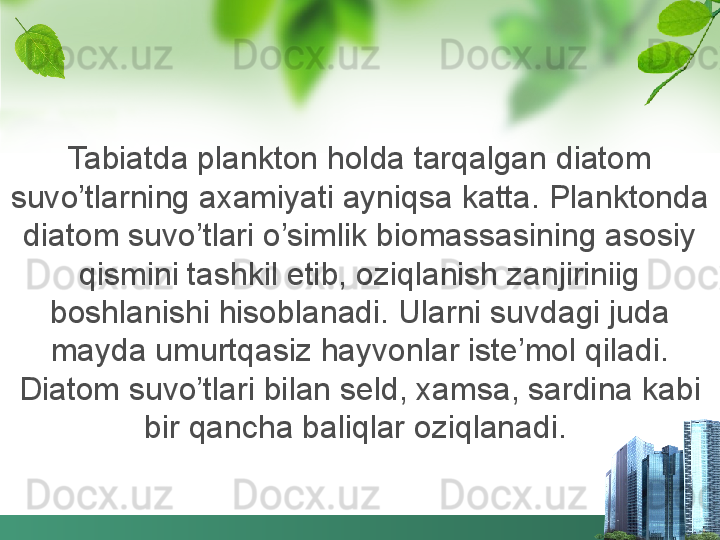 Tabiatda plankton holda tarqalgan diatom 
suvo’tlarning axamiyati ayniqsa katta. Planktonda 
diatom suvo’tlari o’simlik biomassasining asosiy 
qismini tashkil etib, oziqlanish zanjiriniig 
boshlanishi hisoblanadi. Ularni suvdagi juda 
mayda umurtqasiz hayvonlar iste’mol qiladi. 
Diatom suvo’tlari bilan seld, xamsa, sardina kabi 
bir qancha baliqlar oziqlanadi.  