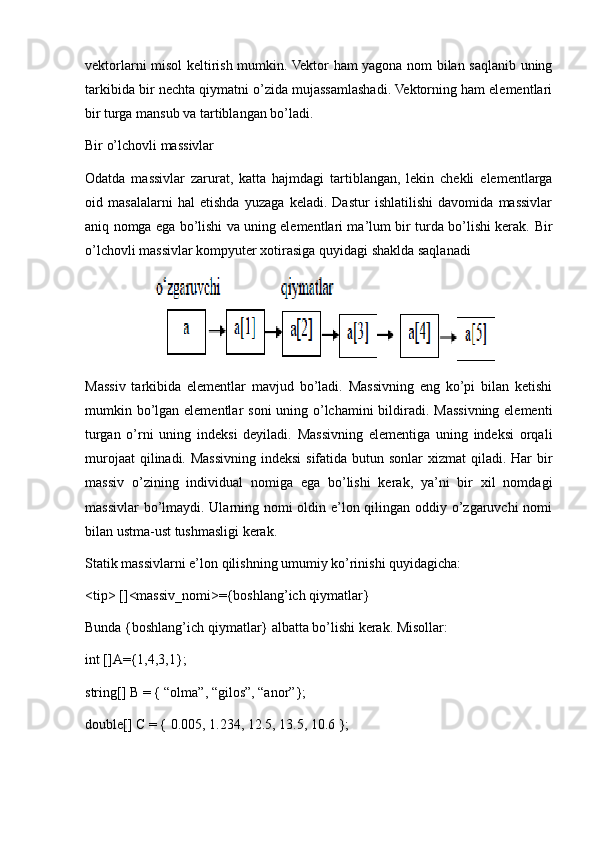 vektorlarni misol keltirish mumkin. Vektor ham yagona nom bilan saqlanib uning
tarkibida bir nechta qiymatni o’zida mujassamlashadi. Vektorning ham elementlari
bir turga mansub va tartiblangan bo’ladi.
Bir o’lchovli massivlar 
Odatda   massivlar   zarurat,   katta   hajmdagi   tartiblangan,   lekin   chekli   elementlarga
oid   masalalarni   hal   etishda   yuzaga   keladi.   Dastur   ishlatilishi   davomida   massivlar
aniq nomga ega bo’lishi va uning elementlari ma’lum bir turda bo’lishi kerak.   Bir
o’lchovli massivlar kompyuter xotirasiga quyidagi shaklda saqlanadi
Massiv   tarkibida   elementlar   mavjud   bo’ladi.   Massivning   eng   ko’pi   bilan   ketishi
mumkin bo’lgan elementlar  soni  uning o’lchamini  bildiradi. Massivning elementi
turgan   o’rni   uning   indeksi   deyiladi.   Massivning   elementiga   uning   indeksi   orqali
murojaat  qilinadi. Massivning indeksi  sifatida butun sonlar  xizmat  qiladi. Har bir
massiv   o’zining   individual   nomiga   ega   bo’lishi   kerak,   ya’ni   bir   xil   nomdagi
massivlar  bo’lmaydi. Ularning nomi  oldin e’lon qilingan oddiy o’zgaruvchi  nomi
bilan ustma-ust tushmasligi kerak.
Statik massivlarni e’lon qilishning umumiy ko’rinishi quyidagicha:
<tip> []<massiv_nomi>={boshlang’ich qiymatlar}
Bunda {boshlang’ich qiymatlar} albatta bo’lishi kerak. Misollar:
int []A={1,4,3,1};
string[] B = { “olma”, “gilos”, “anor”};
double[] C = { 0.005, 1.234, 12.5, 13.5, 10.6 }; 