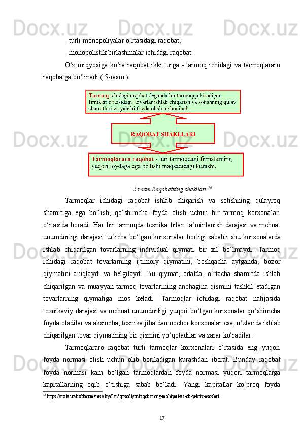 - turli monopoliyalar o‘rtasidagi raqobat; 
- monopolistik birlashmalar ichidagi raqobat. 
O‘z miqyosiga ko‘ra raqobat ikki  turga - tarmoq ichidagi va tarmoqlararo
raqobatga bo‘linadi ( 5-rasm ).
5-rasm Raqobatning shakllari. 16
Tarmoqlar   ichidagi   raqobat   ishlab   chiqarish   va   sotishning   qulayroq
sharoitiga   ega   bo‘lish,   qo‘shimcha   foyda   olish   uchun   bir   tarmoq   korxonalari
o‘rtasida   boradi.   Har   bir   tarmoqda   texnika   bilan   ta’minlanish   darajasi   va   mehnat
unumdorligi  darajasi  turlicha bo‘lgan korxonalar   borligi  sababli  shu korxonalarda
ishlab   chiqarilgan   tovarlarning   individual   qiymati   bir   xil   bo‘lmaydi.   Tarmoq
ichidagi   raqobat   tovarlarning   ijtimoiy   qiymatini,   boshqacha   aytganda,   bozor
qiymatini   aniqlaydi   va   belgilaydi.   Bu   qiymat,   odatda,   o‘rtacha   sharoitda   ishlab
chiqarilgan   va   muayyan   tarmoq   tovarlarining   anchagina   qismini   tashkil   etadigan
tovarlarning   qiymatiga   mos   keladi.   Tarmoqlar   ichidagi   raqobat   natijasida
texnikaviy darajasi va mehnat unumdorligi yuqori   bo‘lgan korxonalar qo‘shimcha
foyda oladilar va aksincha, texnika jihatdan nochor korxonalar   esa, o‘zlarida ishlab
chiqarilgan tovar qiymatining bir qismini yo‘qotadilar va zarar ko‘radilar.  
Tarmoqlararo   raqobat   turli   tarmoqlar   korxonalari   o‘rtasida   eng   yuqori
foyda   normasi   olish   uchun   olib   boriladigan   kurashdan   iborat.   Bunday   raqobat
foyda   normasi   kam   bo‘lgan   tarmoqlardan   foyda   normasi   yuqori   tarmoqlarga
kapitallarning   oqib   o‘tishiga   sabab   bo‘ladi.   Yangi   kapitallar   ko‘proq   foyda
16
 https://arxiv.uz/uz/documents/slaydlar/iqtisodiyot/raqobatning-mohiyati-va-ob-yektiv-asoslari.
17 