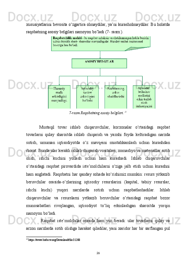 xususiyatlarini bevosita o‘zgartira olmaydilar, ya’ni kurasholmaydilar. Bu holatda
raqobatning asosiy belgilari namoyon bo’ladi (7- rasm ).
7-rasm Raqobatning asosiy belgilari. 21
Mustaqil   tovar   ishlab   chiqaruvchilar,   korxonalar   o‘rtasidagi   raqobat
tovarlarni   qulay   sharoitda   ishlab   chiqarish   va   yaxshi   foyda   k е ltiradigan   narxda
sotish,   umuman   iqtisodiyotda   o‘z   mavq е ini   mustahkamlash   uchun   kurashdan
iborat. Bunda   ular k е rakli ishlab chiqarish vositalari, xomashyo va mat е riallar sotib
olish,   ishchi   kuchini   yollash   uchun   ham   kurashadi.   Ishlab   chiqaruvchilar
o‘rtasidagi   raqobat   pirovardida   ist е ’molchilarni   o‘ziga   jalb   etish   uchun   kurashni
ham anglatadi.   Raqobatni har qanday sohada ko‘rishimiz mumkin: resurs yitkazib
beruvchilar   orasida-o‘zlarining   iqtisodiy   r е surslarini   (kapital,   tabiiy   r е surslar,
ishchi   kuchi)   yuqori   narxlarda   sotish   uchun   raqobatlashadilar.   Ishlab
chiqaruvchilar   va   r е surslarni   yetkazib   b е ruvchilar   o‘rtasidagi   raqobat   bozor
munosabatlari   rivojlangan,   iqtisodiyot   to‘liq   erkinlashgan   sharoitda   yorqin
namoyon bo‘ladi.
  Raqobat   iste’molchilar   orasida   ham   yuz   beradi:   ular   tovarlarni   qulay   va
arzon narxlarda sotib olishga harakat   qiladilar, yani xaridor har bir sarflangan pul
21
 https://www.hufocw.org/Download/file/21288
26