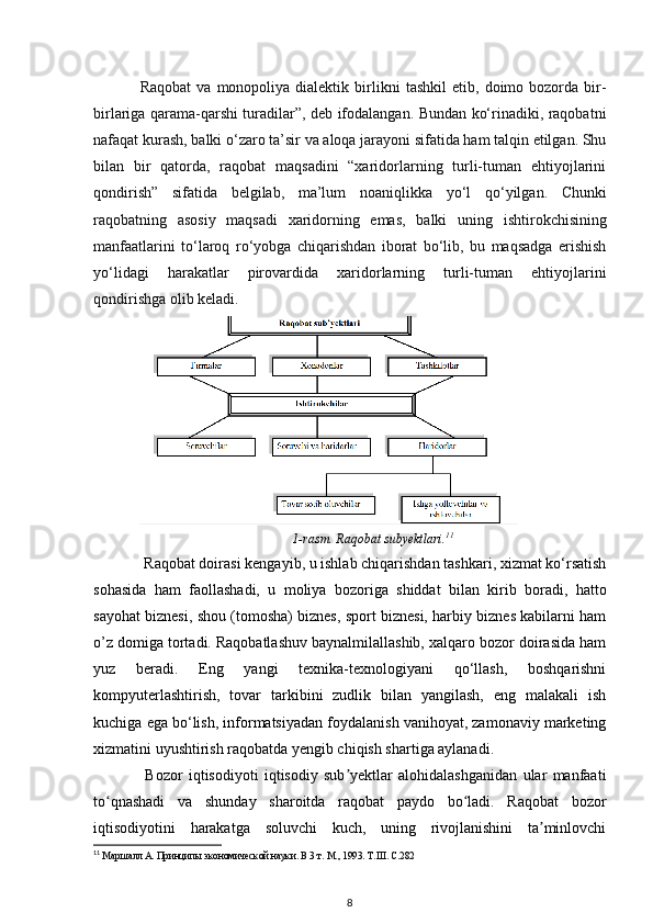 Raqobat  va   monopoliya   dialektik   birlikni   tashkil  etib,  doimo  bozorda  bir-
birlariga qarama-qarshi turadilar”, deb ifodalangan. Bundan ko‘rinadiki, raqobatni
nafaqat kurash, balki o‘zaro ta’sir va aloqa jarayoni sifatida ham talqin etilgan. Shu
bilan   bir   qatorda,   raqobat   maqsadini   “xaridorlarning   turli-tuman   ehtiyojlarini
qondirish”   sifatida   belgilab,   ma’lum   noaniqlikka   yo‘l   qo‘yilgan.   Chunki
raqobatning   asosiy   maqsadi   xaridorning   emas,   balki   uning   ishtirokchisining
manfaatlarini   to‘laroq   ro‘yobga   chiqarishdan   iborat   bo‘lib,   bu   maqsadga   erishish
yo‘lidagi   harakatlar   pirovardida   xaridorlarning   turli-tuman   ehtiyojlarini
qondirishga olib keladi.  
1-rasm. Raqobat subyektlari. 11
 Raqobat doirasi kengayib, u ishlab chiqarishdan tashkari, xizmat ko‘rsatish
sohasida   ham   faollashadi,   u   moliya   bozoriga   shiddat   bilan   kirib   boradi,   hatto
sayohat biznesi, shou (tomosha) biznes, sport biznesi, harbiy biznes kabilarni ham
o’z domiga tortadi. Raqobatlashuv baynalmilallashib, xalqaro bozor doirasida ham
yuz   beradi.   Eng   yangi   texnika-texnologiyani   qo‘llash,   boshqarishni
kompyuterlashtirish,   tovar   tarkibini   zudlik   bilan   yangilash,   eng   malakali   ish
kuchiga ega bo‘lish, informatsiyadan foydalanish vanihoyat, zamonaviy marketing
xizmatini uyushtirish raqobatda yengib chiqish shartiga aylanadi.  
  Bozor   iqtisodiyoti   iqtisodiy   sub yektlar   alohidalashganidan   ular   manfaatiʼ
to qnashadi   va   shunday   sharoitda   raqobat   paydo   bo ladi.   Raqobat   bozor	
ʻ ʻ
iqtisodiyotini   harakatga   soluvchi   kuch,   uning   rivojlanishini   ta minlovchi	
ʼ
11
  Маршалл А. Принципы экономической науки. В 3 т. М., 1993. Т. III . С.282
8 