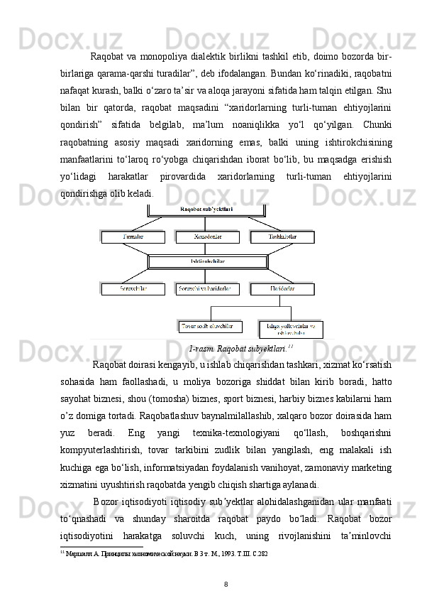 Raqobat  va   monopoliya   dialektik   birlikni   tashkil  etib,  doimo  bozorda  bir-
birlariga qarama-qarshi turadilar”, deb ifodalangan. Bundan ko‘rinadiki, raqobatni
nafaqat kurash, balki o‘zaro ta’sir va aloqa jarayoni sifatida ham talqin etilgan. Shu
bilan   bir   qatorda,   raqobat   maqsadini   “xaridorlarning   turli-tuman   ehtiyojlarini
qondirish”   sifatida   belgilab,   ma’lum   noaniqlikka   yo‘l   qo‘yilgan.   Chunki
raqobatning   asosiy   maqsadi   xaridorning   emas,   balki   uning   ishtirokchisining
manfaatlarini   to‘laroq   ro‘yobga   chiqarishdan   iborat   bo‘lib,   bu   maqsadga   erishish
yo‘lidagi   harakatlar   pirovardida   xaridorlarning   turli-tuman   ehtiyojlarini
qondirishga olib keladi.  
1-rasm. Raqobat subyektlari. 11
 Raqobat doirasi kengayib, u ishlab chiqarishdan tashkari, xizmat ko‘rsatish
sohasida   ham   faollashadi,   u   moliya   bozoriga   shiddat   bilan   kirib   boradi,   hatto
sayohat biznesi, shou (tomosha) biznes, sport biznesi, harbiy biznes kabilarni ham
o’z domiga tortadi. Raqobatlashuv baynalmilallashib, xalqaro bozor doirasida ham
yuz   beradi.   Eng   yangi   texnika-texnologiyani   qo‘llash,   boshqarishni
kompyuterlashtirish,   tovar   tarkibini   zudlik   bilan   yangilash,   eng   malakali   ish
kuchiga ega bo‘lish, informatsiyadan foydalanish vanihoyat, zamonaviy marketing
xizmatini uyushtirish raqobatda yengib chiqish shartiga aylanadi.  
  Bozor   iqtisodiyoti   iqtisodiy   sub yektlar   alohidalashganidan   ular   manfaatiʼ
to qnashadi   va   shunday   sharoitda   raqobat   paydo   bo ladi.   Raqobat   bozor	
ʻ ʻ
iqtisodiyotini   harakatga   soluvchi   kuch,   uning   rivojlanishini   ta minlovchi	
ʼ
11
  Маршалл А. Принципы экономической науки. В 3 т. М., 1993. Т. III . С.282
8