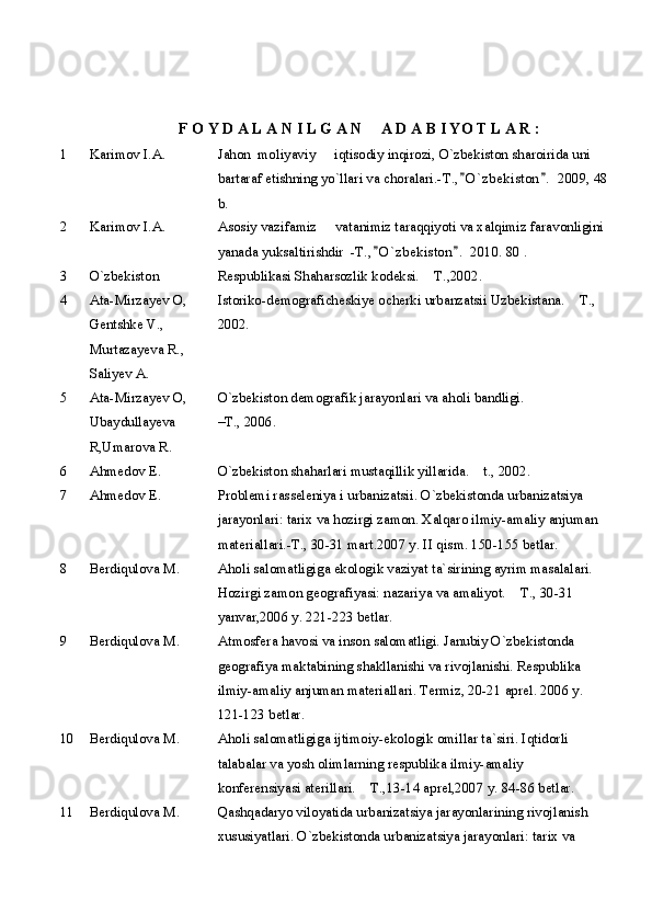 F O Y D A L A N I L G A N     A D A B I YO T L A R :
1 Karimov I.A. Jahon  moliyaviy   iqtisodiy inqirozi, O`zbekiston sharoirida uni 
bartaraf etishning yo`llari va choralari.-T., O `zbekiston .  	
  2009, 48
b.
2 Karimov I.A. Asosiy vazifamiz   vatanimiz taraqqiyoti va xalqimiz faravonligini 	

yanada yuksaltirishdir  -T., O `zbekiston .  2010. 80 .	
 
3 O`zbekiston  Respublikasi Shaharsozlik kodeksi.  T.,2002.	

4 Ata-Mirzayev O, 
Gentshke V., 
Murtazayeva R., 
Saliyev A. Istoriko-demograficheskiye ocherki urbanzatsii Uzbekistana.  T., 	

2002. 
5 Ata-Mirzayev O, 
Ubaydullayeva 
R,Umarova R. O`zbekiston demografik jarayonlari va aholi bandligi. 
–T., 2006.
6 Ahmedov E. O`zbekiston shaharlari mustaqillik yillarida.  t., 2002.	

7 Ahmedov E. Problemi rasseleniya i urbanizatsii. O`zbekistonda urbanizatsiya 
jarayonlari: tarix va hozirgi zamon. Xalqaro ilmiy-amaliy anjuman 
materiallari.-T., 30-31 mart.2007 y. I I qism.  150-155 betlar.
8 Berdiqulova M. Aholi salomatligiga ekologik vaziyat ta`sirining ayrim masalalari. 
Hozirgi zamon geografiyasi: nazariya va amaliyot.  T., 30-31 	

yanvar,2006 y. 221-223 betlar.
9 Berdiqulova M. Atmosfera havosi va inson salomatligi. Janubiy O`zbekistonda 
geografiya maktabining shakllanishi va rivojlanishi. Respublika 
ilmiy-amaliy anjuman materiallari. Termiz, 20-21 aprel. 2006 y. 
121-123 betlar.
10 Berdiqulova M. Aholi salomatligiga ijtimoiy-ekologik omillar ta`siri. Iqtidorli 
talabalar va yosh olimlarning respublika ilmiy-amaliy 
konferensiyasi aterillari.  T.,13-14 aprel,2007 y. 84-86 betlar.	

11 Berdiqulova M. Qashqadaryo viloyatida urbanizatsiya jarayonlarining rivojlanish 
xususiyatlari. O`zbekistonda urbanizatsiya jarayonlari: tarix va  