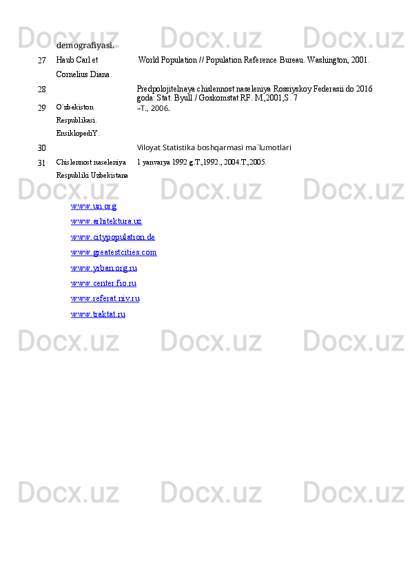 demografiyasi. 
27 Haub Carl et 
Cornelius Diana.   World Population // Population Reference Bureau. Washington, 2001.
28 Predpolojiteln а ya chislennost n а seleniya Rossiyskoy Feder а sii do 2016 
god а : St а t.  Byull./ Goskomstаt RF. M.,2001,S. 7
29 O`zbekiston 
Respublikаsi. 
EnsiklopediY. –T., 2006.
30 Viloyat Stаtistikа boshqаrmаsi mа`lumotlаri
31 Chislennost nаseleniya
Respubliki Uzbekistаnа 1 yanvаrya 1992 g.T.,1992. , 2004.T.,2005.
www.un.org
www.arhitektura.uz
www.citypopulation.de
www.greatestcities.com
www.yrban.org.ru
www.center.fio.ru
www.referat.niv.ru
www.traktat.ru
      