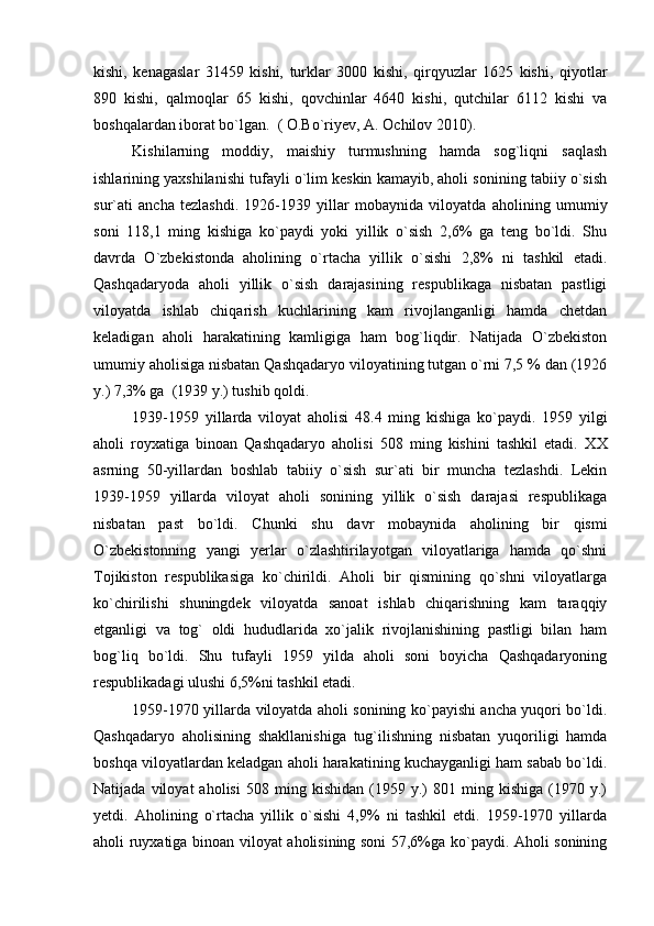 kishi,   kenagaslar   31459   kishi,   turklar   3000   kishi,   qirqyuzlar   1625   kishi,   qiyotlar
890   kishi,   qalmoqlar   65   kishi,   qovchinlar   4640   kishi,   qutchilar   6112   kishi   va
boshqalardan iborat bo`lgan.  ( O.Bo`riyev, A. Ochilov 2010).
Kishilarning   moddiy,   maishiy   turmushning   hamda   sog`liqni   saqlash
ishlarining yaxshilanishi tufayli o`lim keskin kamayib, aholi sonining tabiiy o`sish
sur`ati   ancha   tezlashdi.   1926-1939   yillar   mobaynida   viloyatda   aholining   umumiy
soni   118,1   ming   kishiga   ko`paydi   yoki   yillik   o`sish   2,6%   ga   teng   bo`ldi.   Shu
davrda   O`zbekistonda   aholining   o`rtacha   yillik   o`sishi   2,8%   ni   tashkil   etadi.
Qashqadaryoda   aholi   yillik   o`sish   darajasining   respublikaga   nisbatan   pastligi
viloyatda   ishlab   chiqarish   kuchlarining   kam   rivojlanganligi   hamda   chetdan
keladigan   aholi   harakatining   kamligiga   ham   bog`liqdir.   Natijada   O`zbekiston
umumiy aholisiga nisbatan Qashqadaryo viloyatining tutgan o`rni 7,5 % dan (1926
y.) 7,3% ga  (1939 y.) tushib qoldi.
1939-1959   yillarda   viloyat   aholisi   48.4   ming   kishiga   ko`paydi.   1959   yilgi
aholi   royxatiga   binoan   Qashqadaryo   aholisi   508   ming   kishini   tashkil   etadi.   X X
asrning   50-yillardan   boshlab   tabiiy   o`sish   sur`ati   bir   muncha   tezlashdi.   Lekin
1939-1959   yillarda   viloyat   aholi   sonining   yillik   o`sish   darajasi   respublikaga
nisbatan   past   bo`ldi.   Chunki   shu   davr   mobaynida   aholining   bir   qismi
O`zbekistonning   yangi   yerlar   o`zlashtirilayotgan   viloyatlariga   hamda   qo`shni
Tojikiston   respublikasiga   ko`chirildi.   Aholi   bir   qismining   qo`shni   viloyatlarga
ko`chirilishi   shuningdek   viloyatda   sanoat   ishlab   chiqarishning   kam   taraqqiy
etganligi   va   tog`   oldi   hududlarida   xo`jalik   rivojlanishining   pastligi   bilan   ham
bog`liq   bo`ldi.   Shu   tufayli   1959   yilda   aholi   soni   boyicha   Qashqadaryoning
respublikadagi ulushi 6,5%ni tashkil etadi.
1959-1970 yillarda viloyatda aholi sonining ko`payishi ancha yuqori bo`ldi.
Qashqadaryo   aholisining   shakllanishiga   tug`ilishning   nisbatan   yuqoriligi   hamda
boshqa viloyatlardan keladgan aholi harakatining kuchayganligi ham sabab bo`ldi.
Natijada   viloyat   aholisi   508  ming   kishidan   (1959   y.)   801  ming   kishiga   (1970   y.)
yetdi.   Aholining   o`rtacha   yillik   o`sishi   4,9%   ni   tashkil   etdi.   1959-1970   yillarda
aholi ruyxatiga binoan viloyat aholisining soni 57,6%ga ko`paydi. Aholi sonining 