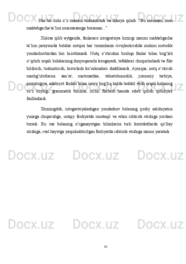 Har   bir   bola   o‘z   rasmini   tushuntiradi   va   hikoya   qiladi:   “Bu   menman,  men
maktabgacha ta’lim muassasasiga boraman...”
  Xulosa   qilib   aytganda,   fanlararo   integratsiya   hozirgi   zamon   maktabgacha
ta’lim   jarayonida   bolalar   nutqini   har   tomonlama   rivojlantirishda   muhim   metodik
yondashuvlardan   biri   hisoblanadi.   Nutq   o‘stirishni   boshqa   fanlar   bilan   bog‘lab
o‘qitish orqali bolalarning dunyoqarashi kengayadi, tafakkuri chuqurlashadi va fikr
bildirish, tushuntirish, tasvirlash ko‘nikmalari shakllanadi. Ayniqsa,  nutq o‘stirish
mashg‘ulotlarini   san’at,   matematika,   tabiatshunoslik,   jismoniy   tarbiya,
psixologiya, adabiyot fanlari bilan uzviy bog‘liq holda tashkil etish orqali bolaning
so‘z   boyligi,   grammatik   tuzilma,   izchil   fikrlash   hamda   eslab   qolish   qobiliyati
faollashadi.
  Shuningdek,   integratsiyalashgan   yondashuv   bolaning   ijodiy   salohiyatini
yuzaga   chiqarishga,   nutqiy   faoliyatda   mustaqil   va   erkin   ishtirok   etishiga   yordam
beradi.   Bu   esa   bolaning   o‘rganayotgan   bilimlarini   turli   kontekstlarda   qo‘llay
olishiga, real hayotga yaqinlashtirilgan faoliyatda ishtirok etishiga zamin yaratadi.
 
55 