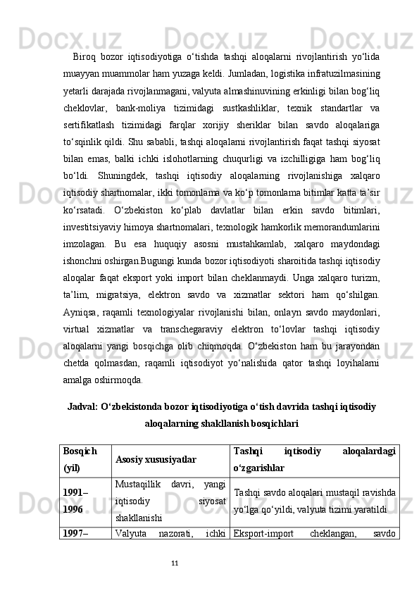 11Biroq   bozor   iqtisodiyotiga   o‘tishda   tashqi   aloqalarni   rivojlantirish   yo‘lida
muayyan muammolar ham yuzaga keldi. Jumladan, logistika infratuzilmasining
yetarli darajada rivojlanmagani, valyuta almashinuvining erkinligi bilan bog‘liq
cheklovlar,   bank-moliya   tizimidagi   sustkashliklar,   texnik   standartlar   va
sertifikatlash   tizimidagi   farqlar   xorijiy   sheriklar   bilan   savdo   aloqalariga
to‘sqinlik qildi. Shu sababli, tashqi aloqalarni rivojlantirish faqat tashqi siyosat
bilan   emas,   balki   ichki   islohotlarning   chuqurligi   va   izchilligiga   ham   bog‘liq
bo‘ldi.   Shuningdek,   tashqi   iqtisodiy   aloqalarning   rivojlanishiga   xalqaro
iqtisodiy shartnomalar, ikki tomonlama va ko‘p tomonlama bitimlar katta ta’sir
ko‘rsatadi.   O‘zbekiston   ko‘plab   davlatlar   bilan   erkin   savdo   bitimlari,
investitsiyaviy himoya shartnomalari, texnologik hamkorlik memorandumlarini
imzolagan.   Bu   esa   huquqiy   asosni   mustahkamlab,   xalqaro   maydondagi
ishonchni oshirgan.Bugungi kunda bozor iqtisodiyoti sharoitida tashqi iqtisodiy
aloqalar   faqat   eksport   yoki   import   bilan   cheklanmaydi.   Unga   xalqaro   turizm,
ta’lim,   migratsiya,   elektron   savdo   va   xizmatlar   sektori   ham   qo‘shilgan.
Ayniqsa,   raqamli   texnologiyalar   rivojlanishi   bilan,   onlayn   savdo   maydonlari,
virtual   xizmatlar   va   transchegaraviy   elektron   to‘lovlar   tashqi   iqtisodiy
aloqalarni   yangi   bosqichga   olib   chiqmoqda.   O‘zbekiston   ham   bu   jarayondan
chetda   qolmasdan,   raqamli   iqtisodiyot   yo‘nalishida   qator   tashqi   loyihalarni
amalga oshirmoqda.
Jadval: O‘zbekistonda bozor iqtisodiyotiga o‘tish davrida tashqi iqtisodiy
aloqalarning shakllanish bosqichlari
Bosqich
(yil) Asosiy xususiyatlar Tashqi   iqtisodiy   aloqalardagi
o‘zgarishlar
1991–
1996 Mustaqillik   davri,   yangi
iqtisodiy   siyosat
shakllanishi Tashqi savdo aloqalari mustaqil ravishda
yo‘lga qo‘yildi, valyuta tizimi yaratildi
1997– Valyuta   nazorati,   ichki Eksport-import   cheklangan,   savdo 
