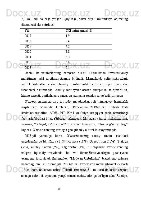 167,1   milliard   dollarga   yetgan.   Quyidagi   jadval   orqali   investitsiya   oqimining
dinamikasi aks ettiriladi:
Yil TXI hajmi (mlrd. $)
2017 1.9
2018 2.4
2019 4.2
2020 3.8
2021 5.3
2022 6.6
2023 7.1
Ushbu   ko‘rsatkichlarning   barqaror   o‘sishi   O‘zbekiston   investitsiyaviy
muhitining   jadal   rivojlanayotganini   bildiradi.   Mamlakatda   soliq   imtiyozlari,
yuridik   kafolatlar,   erkin   iqtisodiy   zonalar   tashkil   etilishi   xorijiy   investorlar
ishonchini   oshirmoqda.   Xorijiy   sarmoyalar   asosan   energetika,   to‘qimachilik,
kimyo sanoati, qurilish, agrosanoat va xizmatlar sohalariga yo‘naltirilmoqda.
O‘zbekistonning   xalqaro   iqtisodiy   maydondagi   roli   mintaqaviy   hamkorlik
orqali   ham   ortmoqda.   Jumladan,   O‘zbekiston   2019-yildan   boshlab   Turk
davlatlari   tashkiloti,   MDH,   IHT,   BMT   va   Osiyo   taraqqiyot   banki   doirasidagi
faol tashabbuslari bilan e’tiborga tushmoqda. Mintaqaviy tranzit infratuzilmasi,
xususan,   “Xitoy–Qirg‘iziston–O‘zbekiston”   temiryo‘li,   “Transafg‘on   yo‘lagi”
loyihasi O‘zbekistonning strategik geoiqtisodiy o‘rnini kuchaytirmoqda.
2023-yil   yakuniga   ko‘ra,   O‘zbekistonning   asosiy   savdo   sheriklari
quyidagicha bo‘ldi: Xitoy (21%), Rossiya  (18%), Qozog‘iston (10%), Turkiya
(9%),   Janubiy   Koreya   (6%),   Afg‘oniston   (4%).   Bu   raqamlar   O‘zbekistonning
xalqaro   iqtisodiy   maydonda   faol   va   diversifikatsiyalashgan   pozitsiyada
ekanligini   tasdiqlaydi.Shuningdek,   “Made   in   Uzbekistan”   brendining   xalqaro
bozordagi  tanilishi   oshmoqda.  2023-yilda  O‘zbekiston  meva-sabzavot  eksporti
1,3   milliard   dollardan   oshdi.   Tekstil   sanoatida   3,1   milliard   dollarlik   eksport
amalga oshirildi. Ayniqsa, yengil sanoat mahsulotlariga bo‘lgan talab Rossiya, 