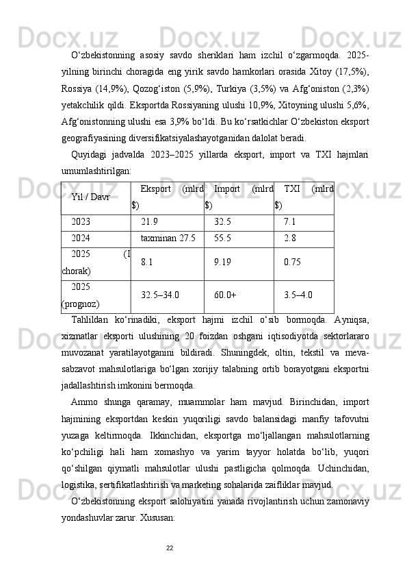 22O‘zbekistonning   asosiy   savdo   sheriklari   ham   izchil   o‘zgarmoqda.   2025-
yilning   birinchi   choragida   eng   yirik   savdo   hamkorlari   orasida   Xitoy   (17,5%),
Rossiya   (14,9%),   Qozog‘iston   (5,9%),   Turkiya   (3,5%)   va   Afg‘oniston   (2,3%)
yetakchilik qildi. Eksportda Rossiyaning ulushi 10,9%, Xitoyning ulushi 5,6%,
Afg‘onistonning ulushi esa 3,9% bo‘ldi. Bu ko‘rsatkichlar O‘zbekiston eksport
geografiyasining diversifikatsiyalashayotganidan dalolat beradi.
Quyidagi   jadvalda   2023–2025   yillarda   eksport,   import   va   TXI   hajmlari
umumlashtirilgan:
Yil / Davr Eksport   (mlrd
$) Import   (mlrd
$) TXI   (mlrd
$)
2023 21.9 32.5 7.1
2024 taxminan 27.5 55.5 2.8
2025   (I
chorak) 8.1 9.19 0.75
2025
(prognoz) 32.5–34.0 60.0+ 3.5–4.0
Tahlildan   ko‘rinadiki,   eksport   hajmi   izchil   o‘sib   bormoqda.   Ayniqsa,
xizmatlar   eksporti   ulushining   20   foizdan   oshgani   iqtisodiyotda   sektorlararo
muvozanat   yaratilayotganini   bildiradi.   Shuningdek,   oltin,   tekstil   va   meva-
sabzavot   mahsulotlariga   bo‘lgan   xorijiy   talabning   ortib   borayotgani   eksportni
jadallashtirish imkonini bermoqda.
Ammo   shunga   qaramay,   muammolar   ham   mavjud.   Birinchidan,   import
hajmining   eksportdan   keskin   yuqoriligi   savdo   balansidagi   manfiy   tafovutni
yuzaga   keltirmoqda.   Ikkinchidan,   eksportga   mo‘ljallangan   mahsulotlarning
ko‘pchiligi   hali   ham   xomashyo   va   yarim   tayyor   holatda   bo‘lib,   yuqori
qo‘shilgan   qiymatli   mahsulotlar   ulushi   pastligicha   qolmoqda.   Uchinchidan,
logistika, sertifikatlashtirish va marketing sohalarida zaifliklar mavjud.
O‘zbekistonning eksport salohiyatini  yanada rivojlantirish uchun zamonaviy
yondashuvlar zarur. Xususan: 