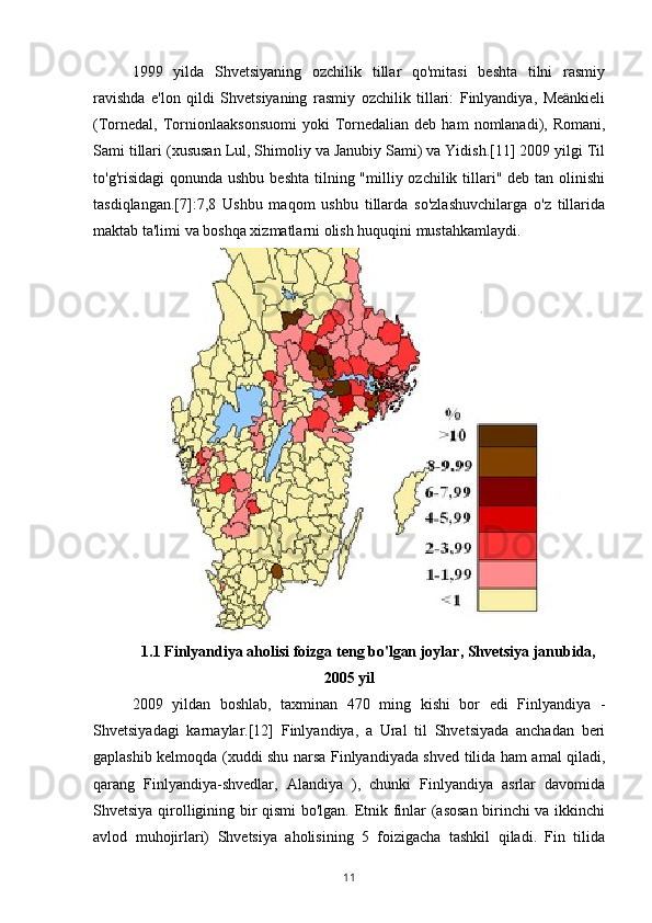 1999   yilda   Shvetsiyaning   ozchilik   tillar   qo'mitasi   beshta   tilni   rasmiy
ravishda   e'lon   qildi   Shvetsiyaning   rasmiy   ozchilik   tillari:   Finlyandiya,   Meänkieli
(Tornedal,   Tornionlaaksonsuomi   yoki   Tornedalian  deb  ham  nomlanadi),  Romani,
Sami tillari (xususan Lul, Shimoliy va Janubiy Sami) va Yidish.[11] 2009 yilgi Til
to'g'risidagi  qonunda ushbu  beshta  tilning "milliy ozchilik tillari"  deb tan olinishi
tasdiqlangan.[7]:7,8   Ushbu   maqom   ushbu   tillarda   so'zlashuvchilarga   o'z   tillarida
maktab ta'limi va boshqa xizmatlarni olish huquqini mustahkamlaydi.  
 
1.1 Finlyandiya aholisi foizga teng bo'lgan joylar, Shvetsiya janubida,
2005 yil 
2009   yildan   boshlab,   taxminan   470   ming   kishi   bor   edi   Finlyandiya   -
Shvetsiyadagi   karnaylar.[12]   Finlyandiya,   a   Ural   til   Shvetsiyada   anchadan   beri
gaplashib kelmoqda (xuddi shu narsa Finlyandiyada shved tilida ham amal qiladi,
qarang   Finlyandiya-shvedlar,   Alandiya   ),   chunki   Finlyandiya   asrlar   davomida
Shvetsiya qirolligining bir qismi bo'lgan. Etnik finlar (asosan birinchi va ikkinchi
avlod   muhojirlari)   Shvetsiya   aholisining   5   foizigacha   tashkil   qiladi.   Fin   tilida
11 