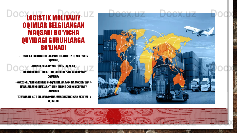 LOGISTIK MOLIYAVIY 
OQIMLAR BELGILANGAN 
MAQSADI BО‘YICHA 
QUYIDAGI GURUHLARGA 
BО‘LINADI
- TOVARLAR SOTIB OLISH JARAYONI BILAN BOG‘LIQ MOLIYAVIY 
OQIMLAR; 
- INVESTITSIYAVIY MOLIYAVIY OQIMLAR; 
- ISHCHI KUCHINI ISHLAB CHIQARISH BО‘YICHA MOLIYAVIY 
OQIMLAR; 
- KORXONALARNING ISHLAB CHIQARISH JARAYONIDA MODDIY SARF-
HARAJATLARNI  S HAKLLANTIRISH BILAN BOG‘LIQ MOLIYAVIY 
OQIMLAR; 
- TOVARLARNI SOTISH JARAYONIDA YUZAGA KELADIGAN MOLIYAVIY 
OQIMLAR
