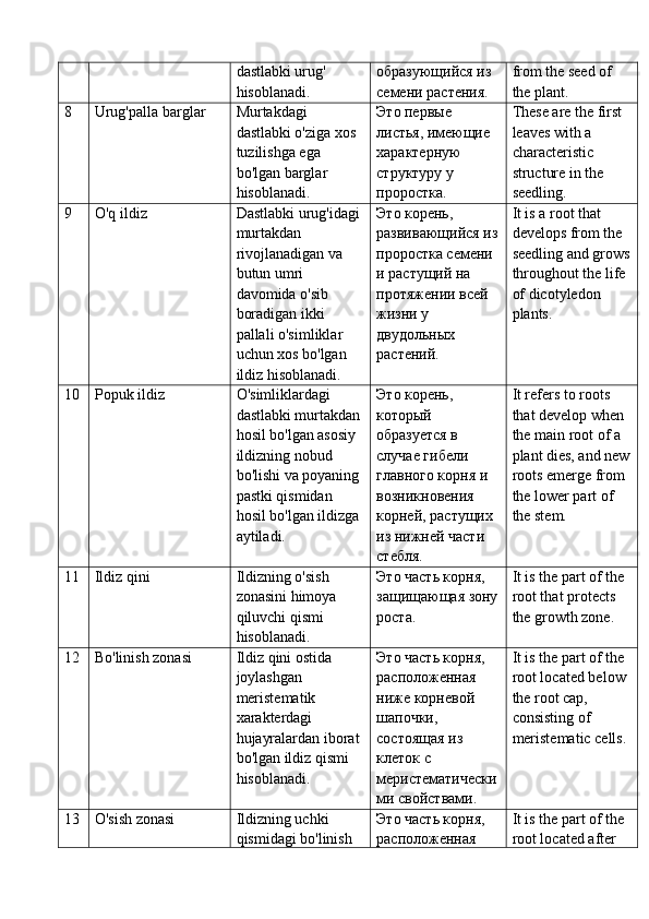 dastlabki urug' 
hisoblanadi. образующийся из 
семени растения. from the seed of 
the plant.
8 Urug'palla barglar Murtakdagi 
dastlabki o'ziga xos 
tuzilishga ega 
bo'lgan barglar 
hisoblanadi. Это первые 
листья, имеющие 
характерную 
структуру у 
проростка. These are the first 
leaves with a 
characteristic 
structure in the 
seedling.
9 O'q ildiz Dastlabki urug'idagi 
murtakdan 
rivojlanadigan va 
butun umri 
davomida o'sib 
boradigan ikki 
pallali o'simliklar 
uchun xos bo'lgan 
ildiz hisoblanadi. Это корень, 
развивающийся из
проростка семени 
и растущий на 
протяжении всей 
жизни у 
двудольных 
растений. It is a root that 
develops from the 
seedling and grows
throughout the life 
of dicotyledon 
plants.
10 Popuk ildiz O'simliklardagi 
dastlabki murtakdan 
hosil bo'lgan asosiy 
ildizning nobud 
bo'lishi va poyaning 
pastki qismidan 
hosil bo'lgan ildizga 
aytiladi. Это корень, 
который 
образуется в 
случае гибели 
главного корня и 
возникновения 
корней, растущих 
из нижней части 
стебля. It refers to roots 
that develop when 
the main root of a 
plant dies, and new
roots emerge from 
the lower part of 
the stem.
11 Ildiz qini Ildizning o'sish 
zonasini himoya 
qiluvchi qismi 
hisoblanadi. Это часть корня, 
защищающая зону
роста. It is the part of the 
root that protects 
the growth zone.
12 Bo'linish zonasi Ildiz qini ostida 
joylashgan 
meristematik 
xarakterdagi 
hujayralardan iborat 
bo'lgan ildiz qismi 
hisoblanadi. Это часть корня, 
расположенная 
ниже корневой 
шапочки, 
состоящая из 
клеток с 
меристематически
ми свойствами. It is the part of the 
root located below 
the root cap, 
consisting of 
meristematic cells.
13 O'sish zonasi Ildizning uchki 
qismidagi bo'linish  Это часть корня, 
расположенная  It is the part of the 
root located after