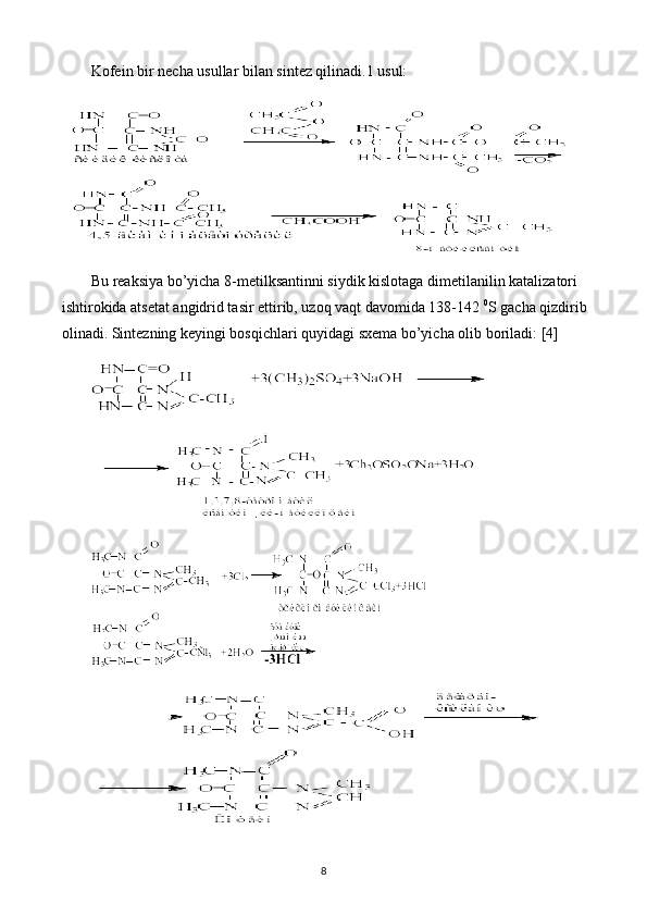 Kofein bir necha usullar bilan sintez qilinadi.1 usul:
Bu reaksiya bo’yicha 8-metilksantinni siydik kislotaga dimetilanilin katalizatori 
ishtirokida atsetat angidrid tasir ettirib, uzoq vaqt davomida 138-142  0
S gacha qizdirib
olinadi. Sintezning keyingi bosqichlari quyidagi sxema bo’yicha olib boriladi:  [4]
8 