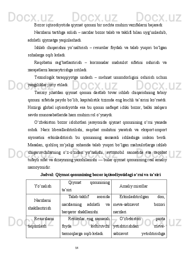 14Bozor iqtisodiyotida qiymat qonuni bir nechta muhim vazifalarni bajaradi:
Narxlarni tartibga solish – narxlar bozor talab va taklifi bilan uyg‘unlashib,
adolatli qiymatga yaqinlashadi.
Ishlab   chiqarishni   yo‘naltirish   –   resurslar   foydali   va   talab   yuqori   bo‘lgan
sohalarga oqib keladi.
Raqobatni   rag‘batlantirish   –   korxonalar   mahsulot   sifatini   oshirish   va
xarajatlarni kamaytirishga intiladi.
Texnologik   taraqqiyotga   undash   –   mehnat   unumdorligini   oshirish   uchun
yangiliklar joriy etiladi.
Tarixiy   jihatdan   qiymat   qonuni   dastlab   tovar   ishlab   chiqarishning   tabiiy
qonuni sifatida paydo bo‘lib, kapitalistik tizimda eng kuchli ta’sirini ko‘rsatdi.
Hozirgi   global   iqtisodiyotda   esa   bu   qonun   nafaqat   ichki   bozor,   balki   xalqaro
savdo munosabatlarida ham muhim rol o‘ynaydi.
O‘zbekiston   bozor   islohotlari   jarayonida   qiymat   qonunining   o‘rni   yanada
oshdi.   Narx   liberallashtirilishi,   raqobat   muhitini   yaratish   va   eksport-import
siyosatini   erkinlashtirish   bu   qonunning   samarali   ishlashiga   imkon   berdi.
Masalan,   qishloq   xo‘jaligi   sohasida   talab   yuqori   bo‘lgan   mahsulotlarga   ishlab
chiqaruvchilarning   o‘z-o‘zidan   yo‘nalishi,   avtomobil   sanoatida   esa   raqobat
tufayli sifat va dizaynning yaxshilanishi — bular qiymat qonunining real amaliy
namoyonidir.
Jadval: Qiymat qonunining bozor iqtisodiyotidagi o‘rni va ta’siri
Yo‘nalish Qiymat   qonunining
ta’siri Amaliy misollar
Narxlarni
shakllantirish Talab-taklif   asosida
narxlarning   adolatli   va
barqaror shakllanishi. Erkinlashtirilgan   don,
meva-sabzavot   bozori
narxlari.
Resurslarni
taqsimlash Resurslar   eng   samarali
foyda   keltiruvchi
tarmoqlarga oqib keladi. O‘zbekiston   paxta
yetishtirishdan   meva-
sabzavot   yetishtirishga 