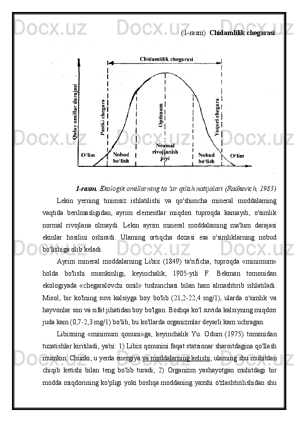 (1-rasm).   Chidamlilik chegarasi  
1-rasm.   Ekologik omillarning ta 'sir qilish natijalari (Radkevich, 1983)
Lekin   yerning   tinimsiz   ishlatilishi   va   qo'shimcha   mineral   moddalaming
vaqtida   berilmasligidan,   ayrim   elementlar   miqdori   tuproqda   kamayib,   o'simlik
normal   rivojlana   olmaydi.   Lekin   ayrim   mineral   moddalaming   ma'lum   darajasi
ekinlar   hosilini   oshiradi.   Ulaming   ortiqcha   dozasi   esa   o'simliklarning   nobud
bo'lishiga olib keladi.
Ayrim   mineral   moddalarning   Libix   (1849)   ta'rificha,   tuproqda   «minimum»
holda   bo'lishi   mumkinligi,   keyinchalik,   1905-yili   F.   Bekman   tomonidan
ekologiyada   «chegaralovchi   omil»   tushunchasi   bilan   ham   almashtirib   ishlatiladi.
Misol,   bir   ko'lning   suvi   kalsiyga   boy   bo'lib   (21,2-22,4   mg/1),   ularda   o'simlik   va
hayvonlar son va sifat jihatidan boy bo'lgan. Boshqa ko'l suvida kalsiyning miqdori
juda kam (0,7-2,3 mg/1) bo'lib, bu ko'llarda organizmlar deyarli kam uchragan.
Libixning   «minimum   qonuni»ga,   keyinchalik   Yu.   Odum   (1975)   tomonidan
tuzatishlar kiritiladi, ya'ni: 1) Libix qonunini faqat statsionar sharoitdagina qo'llash
mumkin. Chunki, u yerda energiya   va moddalarning kelishi , ularning shu muhitdan
chiqib   ketishi   bilan   teng   bo'lib   turadi;   2)   Organizm   yashayotgan   muhitdagi   bir
modda miqdorining ko'pligi yoki boshqa moddaning yaxshi o'zlashtirilishidan shu 