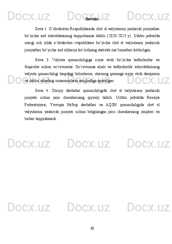 Ilovalar
Ilova 1: O‘zbekiston Respublikasida chet el valyutasini yashirish jinoyatlari
bo‘yicha   sud   statistikasining   taqqoslanma   tahlili   (2020-2023   y) .   Ushbu   jadvalda
oxirgi   uch   yilda   o‘zbekiston   respublikasi   bo‘yicha   chet   el   valyutasini   yashirish
jinoyatlari bo‘yicha sud ishlarini ko‘rishning statistik ma’lumotlari keltirilgan.
Ilova   3:   Valyuta   qonunchiligiga   rioya   etish   bo‘yicha   tadbirkorlar   va
fuqarolar   uchun   so‘rovnoma.   So‘rovnoma   aholi   va   tadbirkorlik   subyektlarining
valyuta  qonunchiligi   haqidagi   bilimlarini,  ularning  qonunga   rioya   etish   darajasini
va ushbu sohadagi muammolarni aniqlashga qaratilgan.
Ilova   4:   Xorijiy   davlatlar   qonunchiligida   chet   el   valyutasini   yashirish
jinoyati   uchun   jazo   choralarining   qiyosiy   tahlili.   Ushbu   jadvalda   Rossiya
Federatsiyasi,   Yevropa   Ittifoqi   davlatlari   va   AQSH   qonunchiligida   chet   el
valyutasini   yashirish   jinoyati   uchun   belgilangan   jazo   choralarining   miqdori   va
turlari taqqoslanadi.
38 