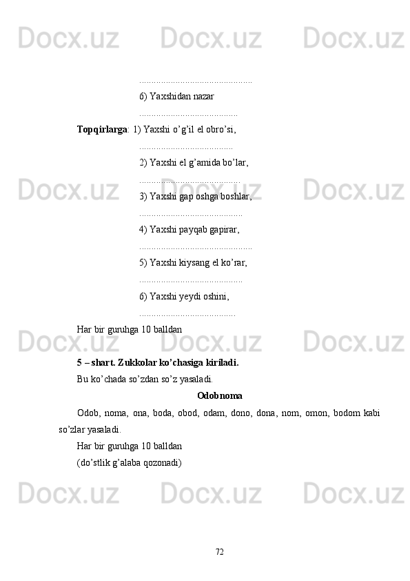 ...............................................
6) Yaxshidan nazar
.........................................
Topqirlarga : 1) Yaxshi o’g’il el obro’si,
.......................................
2) Yaxshi el g’amida bo’lar,
..........................................
3) Yaxshi gap oshga boshlar,
...........................................
4) Yaxshi payqab gapirar,
...............................................
5) Yaxshi kiysang el ko’rar,
...........................................
6) Yaxshi yeydi oshini,
........................................
Har bir guruhga 10 balldan
5 – shart. Zukkolar ko’chasiga kiriladi.
Bu ko’chada so’zdan so’z yasaladi.
Odobnoma
Odob,   noma,   ona,   boda,   obod,   odam,   dono,   dona,   nom,   omon,   bodom   kabi
so’zlar yasaladi.
Har bir guruhga 10 balldan 
(do’stlik g’alaba qozonadi)
72 