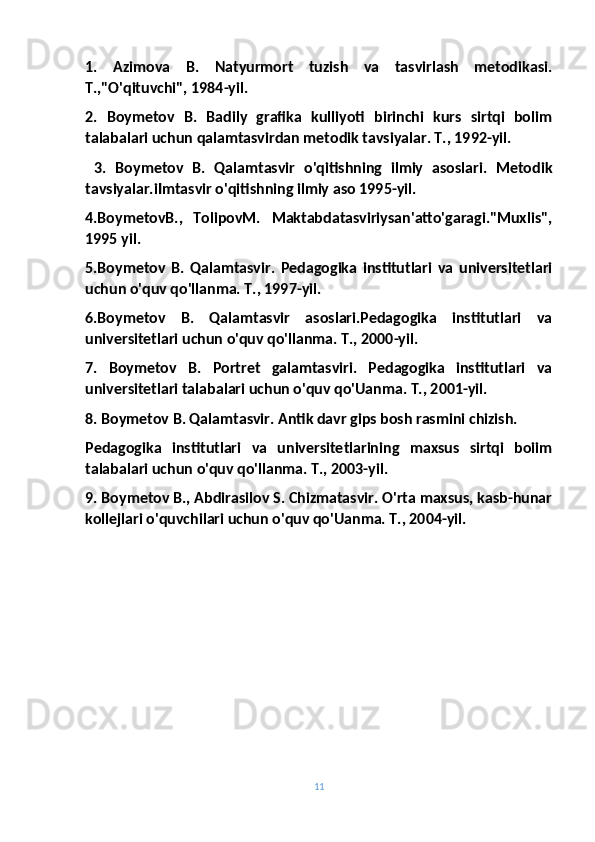 1.   Azimova   B.   Natyurmort   tuzish   va   tasvirlash   metodikasi.
T.,"O'qituvchi", 1984-yil.
2.   Boymetov   B.   Badily   grafika   kulliyoti   birinchi   kurs   sirtqi   bolim
talabalari uchun qalamtasvirdan metodik tavsiyalar. T., 1992-yil.
  3.   Boymetov   B.   Qalamtasvir   o'qitishning   ilmiy   asoslari.   Metodik
tavsiyalar.iImtasvir o'qitishning ilmiy aso 1995-yil.
4.BoymetovB.,   TolipovM.   Maktabdatasviriysan'atto'garagi."Muxlis",
1995 yil.
5.Boymetov   B.   Qalamtasvir.   Pedagogika   institutlari   va   universitetlari
uchun o'quv qo'llanma. T., 1997-yil. 
6.Boymetov   B.   Qalamtasvir   asoslari.Pedagogika   institutlari   va
universitetlari uchun o'quv qo'llanma. T., 2000-yil.
7.   Boymetov   B.   Portret   galamtasviri.   Pedagogika   institutlari   va
universitetlari talabalari uchun o'quv qo'Uanma. T., 2001-yil.
8. Boymetov B. Qalamtasvir. Antik davr gips bosh rasmini chizish.
Pedagogika   institutlari   va   universitetlarining   maxsus   sirtqi   boiim
talabalari uchun o'quv qo'llanma. T., 2003-yil.
9. Boymetov B., Abdirasilov S. Chizmatasvir. O'rta maxsus, kasb-hunar
kollejlari o'quvchilari uchun o'quv qo'Uanma. T., 2004-yil.
11 