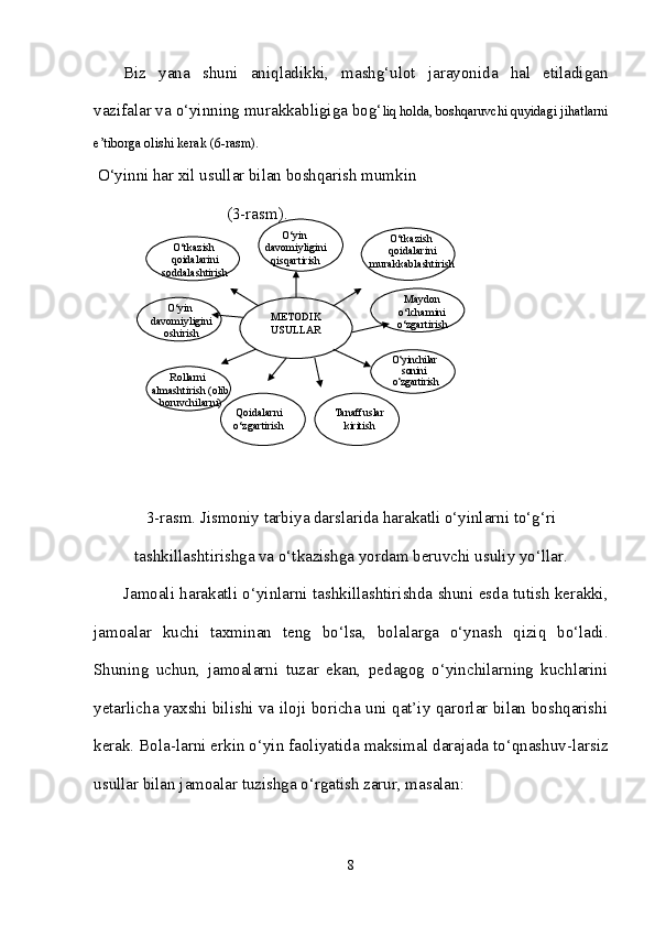 Biz   yana   shuni   aniqladikki,   mashg‘ulot   jarayonida   hal   etiladigan
vazifalar va o‘yinning murakkabligiga bog‘ liq holda, boshqaruvchi quyidagi jihatlarni
e’tiborga olishi kerak (6-rasm).
O‘yinni har xil usullar bilan boshqarish mumkin
(3-rasm).
3-rasm. Jismoniy tarbiya darslarida harakatli o‘yinlarni to‘g‘ri
tashkillashtirishga va o‘tkazishga yordam beruvchi usuliy yo‘llar.
Jamoali harakatli o‘yinlarni tashkillashtirishda shuni esda tutish kerakki,
jamoalar   kuchi   taxminan   teng   bo‘lsa,   bolalarga   o‘ynash   qiziq   bo‘ladi.
Shuning   uchun,   jamoalarni   tuzar   ekan,   pedagog   o‘yinchilarning   kuchlarini
yetarlicha yaxshi bilishi va iloji boricha uni qat’iy qarorlar bilan boshqarishi
kerak. Bola - larni erkin o‘yin faoliyatida maksimal darajada to‘qnashuv - larsiz
usullar bilan jamoalar tuzishga o‘rgatish zarur, masalan:
8O‘yin 
davomiyligini 
qisqartirish O‘tkazish 
qoidalarini 
murakkablashtirish 
O‘yin 
davomiyligini  
oshirish O‘tkazish 
qoidalarini 
soddalashtirish
METODIK 
USULLAR
Rollarni   
almashtirish  ( olib 
boruvchilarni )
Qoidalarni 
o‘zgartirish Maydon 
o‘lchamini 
o‘zgartirish
O‘yinchilar 
sonini 
o‘zgartirish
Tanaffuslar 
kiritish 
