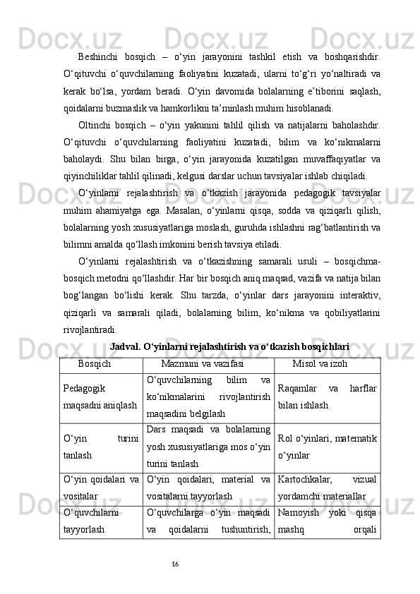 16Beshinchi   bosqich   –   o‘yin   jarayonini   tashkil   etish   va   boshqarishdir.
O‘qituvchi   o‘quvchilarning   faoliyatini   kuzatadi,   ularni   to‘g‘ri   yo‘naltiradi   va
kerak   bo‘lsa,   yordam   beradi.   O‘yin   davomida   bolalarning   e’tiborini   saqlash,
qoidalarni buzmaslik va hamkorlikni ta’minlash muhim hisoblanadi.
Oltinchi   bosqich   –   o‘yin   yakunini   tahlil   qilish   va   natijalarni   baholashdir.
O‘qituvchi   o‘quvchilarning   faoliyatini   kuzatadi,   bilim   va   ko‘nikmalarni
baholaydi.   Shu   bilan   birga,   o‘yin   jarayonida   kuzatilgan   muvaffaqiyatlar   va
qiyinchiliklar tahlil qilinadi, kelgusi darslar uchun tavsiyalar ishlab chiqiladi.
O‘yinlarni   rejalashtirish   va   o‘tkazish   jarayonida   pedagogik   tavsiyalar
muhim   ahamiyatga   ega.   Masalan,   o‘yinlarni   qisqa,   sodda   va   qiziqarli   qilish,
bolalarning yosh xususiyatlariga moslash, guruhda ishlashni rag‘batlantirish va
bilimni amalda qo‘llash imkonini berish tavsiya etiladi.
O‘yinlarni   rejalashtirish   va   o‘tkazishning   samarali   usuli   –   bosqichma-
bosqich metodni qo‘llashdir. Har bir bosqich aniq maqsad, vazifa va natija bilan
bog‘langan   bo‘lishi   kerak.   Shu   tarzda,   o‘yinlar   dars   jarayonini   interaktiv,
qiziqarli   va   samarali   qiladi,   bolalarning   bilim,   ko‘nikma   va   qobiliyatlarini
rivojlantiradi.
Jadval. O‘yinlarni rejalashtirish va o‘tkazish bosqichlari
Bosqich Mazmuni va vazifasi Misol va izoh
Pedagogik
maqsadni aniqlash O‘quvchilarning   bilim   va
ko‘nikmalarini   rivojlantirish
maqsadini belgilash Raqamlar   va   harflar
bilan ishlash
O‘yin   turini
tanlash Dars   maqsadi   va   bolalarning
yosh xususiyatlariga mos o‘yin
turini tanlash Rol o‘yinlari, matematik
o‘yinlar
O‘yin   qoidalari   va
vositalar O‘yin   qoidalari,   material   va
vositalarni tayyorlash Kartochkalar,   vizual
yordamchi materiallar
O‘quvchilarni
tayyorlash O‘quvchilarga   o‘yin   maqsadi
va   qoidalarni   tushuntirish, Namoyish   yoki   qisqa
mashq   orqali 