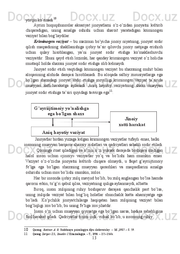 yorqin ko’rinadi 10
.
Ayrim   huquqshunoslar   aksariyat   jinoyatlarni   o’z-o’zidan   jinoyatni   keltirib
chiqaradigan,   uning   amalga   oshishi   uchun   sharoit   yaratadigan   kriminogen
vaziyat bilan bog’laydilar.
Kriminogen vaziyat   – bu mazmun bo’yicha  jinoiy niyatning, jinoyat  sodir
qilish   maqsadining   shakllanishiga   ijobiy   ta’sir   qiluvchi   jinoiy   natijaga   erishish
uchun   qulay   hisoblangan,   ya’ni   jinoyat   sodir   etishga   ko’maklashuvchi
vaziyatdir. Shuni qayd etish lozimki, har qanday kriminogen vaziyat o’z holicha
mustaqil holda shaxsni jinoyat sodir etishga olib kelmaydi.
Jinoyat   sodir  etish  vaqtidagi   kriminogen  vaziyat   bu shaxsning   muhit  bilan
aloqasining   alohida   darajasi   hisoblanadi.   Bu   aloqada   salbiy   xususiyatlarga   ega
bo’lgan   shaxsdagi   jinoyat   sodir   etishga   moyilligi   kriminogen   vaziyat   ta’sirida
muayyan   xatti-harakatga   aylanadi.   Aniq   hayotiy   vaziyatning   shaxs   muayyan
jinoyat sodir etishiga ta’siri quyidagi tasvirga ega 11
:
G’ayriijtimoiy yo’nalishga
ega bo’lgan shaxs
Aniq hayotiy vaziyat Jinoiy
xatti-harakat
Jinoyatlar birdan yuzaga kelgan kriminogen vaziyatlar tufayli emas, balki 
insonning muayyan barqaror shaxsiy xislatlari va qadriyatlari sababli sodir etiladi.
Qonunga itoat qiladigan va o’zini o’zi yuksak darajada boshqara oladigan
halol   inson   uchun   «jinoiy»   vaziyatlar   yo’q   va   bo’lishi   ham   mumkin   emas.
Vaziyat   o’z-o’zicha   jinoyatni   keltirib   chiqara   olmaydi,   u   faqat   g’ayriijtimoiy
fe’lga   ega   bo’lgan   shaxsning   muayyan   qarashlari   va   maqsadlarini   amalga
oshirishi uchun mos bo’lishi mumkin, xolos.
Har bir insonda ijobiy xulq mavjud bo’lib, bu xulq anglangan bo’lsa hamda
qarorni erkin, to’g’ri qabul qilsa, vaziyatning quliga aylanmaydi, albatta.
Biroq,   inson   xulqining   ruhiy   boshqaruv   darajasi   qanchalik   past   bo’lsa,
uning   xulqida   vaziyat   bilan   bog’liq   holatlar   shunchalik   katta   ahamiyatga   ega
bo’ladi.   Ko’pchilik   jinoyatchilarga   haqiqatan   ham   xulqining   vaziyat   bilan
bog’liqligi xos bo’lib, bu uning fe’liga xos jihatdir.
Inson o’zi uchun muayyan qiymatga ega bo’lgan narsa, hodisa sababligina
faol harakat qiladi.  Qadriyatlar tizimi indi- vidual bo’lib, u insonning ruhiy
10 Qarang : Ratinov A. R.  Sudebnaya psixologiya dlya sledovateley. –  M.,1987.–  S. 59.
11 Qarang:  Zaripov Z.S., Ismailov I.  Kriminologiya. – T., 1996. – 155–156-b.
13
