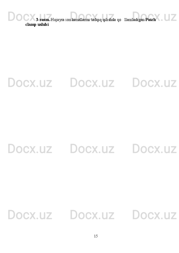 3-rasm.  Hujayra ion kanallarini tadqiq qilishda qo llaniladigan  Patch 
clamp uslubi
15 
