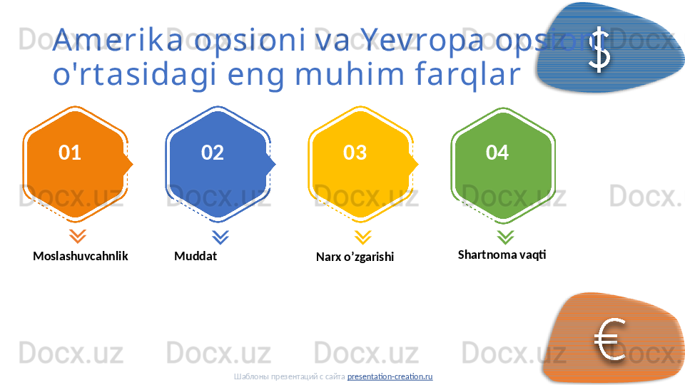 Amerik a opsioni v a Yev ropa opsioni 
o'rt asidagi eng muhim farqlar
01 0 2 0 3 0 4
Moslashuvcahnlik Muddat
Narx o’zgarishi Shartnoma vaqti
Шаблоны презентаций с сайта  presentation-creation.ru     