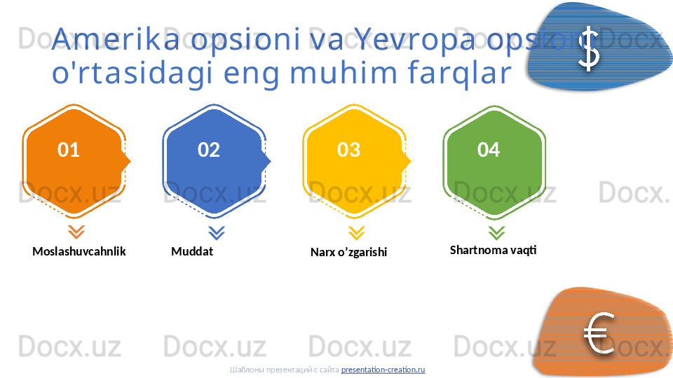Amerik a opsioni v a Yev ropa opsioni 
o'rt asidagi eng muhim farqlar
01 0 2 0 3 0 4
Moslashuvcahnlik Muddat
Narx o’zgarishi Shartnoma vaqti
Шаблоны презентаций с сайта  presentation-creation.ru