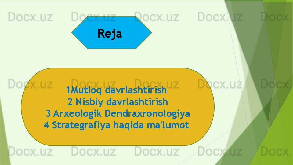 Reja 
1Mutloq davrlashtirish 
2 Nisbiy davrlashtirish
3 Arxeologik Dendraxronologiya
4 Strategrafiya haqida ma lumot ʼ                 