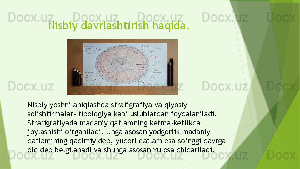 Nisbiy davrlashtirish haqida. 
Nisbiy yoshni aniqlashda stratigrafiya va qiyosiy 
solishtirmalar- tipologiya kabi uslublardan foydalaniladi. 
Stratigrafiyada madaniy qatlamning ketma-ketlikda 
joylashishi o‘rganiladi. Unga asosan yodgorlik madaniy 
qatlamining qadimiy deb, yuqori qatlam esa so‘nggi davrga 
oid deb belgilanadi va shunga asosan xulosa chiqariladi.                  