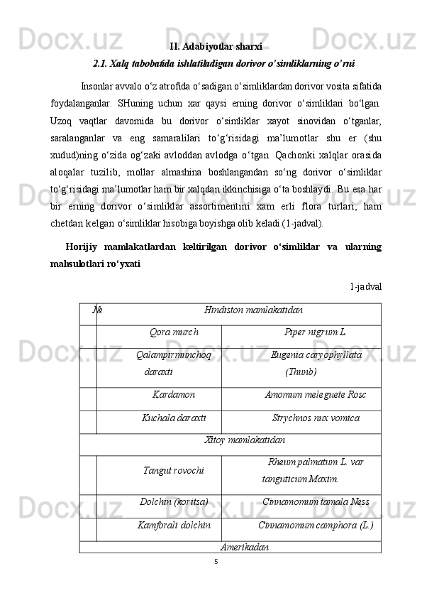 II. Adabiyotlar sharxi
2 .1.  Xalq tabobatida ishlatiladigan dorivor o’simliklarning o’rni
Insonlar avvalo o‘z atrofida o‘sadigan o‘simliklardan dorivor vosita sifatida
foydalanganlar.   SHuning   uchun   xar   qaysi   erning   dorivor   o‘simliklari   bo‘lgan.
Uzoq   vaqtlar   davomida   bu   dorivor   o‘simliklar   xayot   sinovidan   o‘tganlar,
saralanganlar   va   eng   samaralilari   to‘g‘risidagi   ma’lumot lar   shu   er   (shu
xudud)ning  o‘zida  og‘zaki   avloddan   avlodga   o‘tgan.   Qachonki   xalqlar   orasida
aloqalar   tuzilib,   mollar   almashina   boshlangandan   so‘ng   dorivor   o‘simliklar
to‘g‘risidagi ma’lumotlar ham bir xalqdan ikkinchisiga o‘ta boshlay di. Bu esa har
bir   erning   dorivor   o‘simliklar   assorti mentini   xam   erli   flora   turlari,   ham
chetdan kelgan  o‘simliklar hisobiga boyishga olib keladi (1-jadval).
Horijiy   mamlakatlardan   keltirilgan   dorivor   o‘simliklar   va   ularning
mahsulotlari ro‘yxati
1-jadval
№ Hindiston mamlakatidan
Qora murch Piper nigrum L.
Qalampirmunchoq
daraxti Eugenia caryophyllata
(Thunb)
Kardamon Amomum meleguete Rosc
Kuchala daraxti Strychnos nux vomica
Xitoy mamlakatidan
Tangut rovochi Rheum palmatum L.  var
tanguticum Maxim.
Dolchin (koritsa) Cinnamomum tamala Ness
Kamforali dolchin Cinnamomum camphora (L.)
Amerikadan
5 