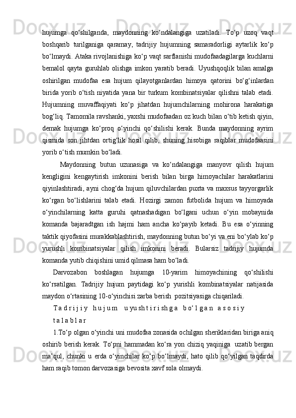 hujumga   qo‘shilganda,   maydonning   ko‘ndalangiga   uzatiladi.   To‘p   uzoq   vaqt
boshqarib   turilganiga   qaramay,   tadrijiy   hujumning   samaradorligi   aytarlik   ko‘p
bo‘lmaydi. Ataka rivojlanishiga ko‘p vaqt sarflanishi mudofaadagilarga kuchlarni
bemalol   qayta  guruhlab  olishga  imkon  yaratib  beradi.  Uyushqoqlik  bilan  amalga
oshirilgan   mudofaa   esa   hujum   qilayotganlardan   himoya   qatorini   bo‘g‘inlardan
birida   yorib   o‘tish   niyatida   yana   bir   turkum   kombinatsiyalar   qilishni   talab   etadi.
Hujumning   muvaffaqiyati   ko‘p   jihatdan   hujumchilarning   mohirona   harakatiga
bog‘liq. Tamomila ravshanki, yaxshi mudofaadan oz kuch bilan o‘tib ketish qiyin,
demak   hujumga   ko‘proq   o‘yinchi   qo‘shilishi   kerak.   Bunda   maydonning   ayrim
qismida   son   jihtdan   ortig‘lik   hosil   qilib,   shuning   hisobiga   raqiblar   mudofaasini
yorib o‘tish mumkin bo‘ladi.
Maydonning   butun   uzunasiga   va   ko‘ndalangiga   manyovr   qilish   hujum
kengligini   kengaytirish   imkonini   berish   bilan   birga   himoyachilar   harakatlarini
qiyinlashtiradi, ayni   chog‘da hujum   qiluvchilardan  puxta va  maxsus   tayyorgarlik
ko‘rgan   bo‘lishlarini   talab   etadi.   Hozirgi   zamon   futbolida   hujum   va   himoyada
o‘yinchilarning   katta   guruhi   qatnashadigan   bo‘lgani   uchun   o‘yin   mobaynida
komanda   bajaradtgan   ish   hajmi   ham   ancha   ko‘payib   ketadi.   Bu   esa   o‘yinning
taktik qiyofasini murakkablashtirish, maydonning butun bo‘yi va eni bo‘ylab ko‘p
yurushli   kombinatsiyalar   qilish   imkonini   beradi.   Bularsiz   tadrijiy   hujumda
komanda yutib chiqishini umid qilmasa ham bo‘ladi.
Darvozabon   boshlagan   hujumga   10-yarim   himoyachining   qo‘shilishi
ko‘rsatilgan.   Tadrijiy   hujum   paytidagi   ko‘p   yurishli   kombinatsiyalar   natijasida
maydon o‘rtasining 10-o‘yinchisi zarba berish  pozitsiyasiga chiqariladi.
T a d r i j i y   h u j u m    u yu sh t i r i sh g a   b o‘ l g a n   a s o s i y 
t a l a b l a r
1.To‘p olgan o‘yinchi uni mudofaa zonasida ochilgan sheriklaridan biriga aniq
oshirib berish kerak. To‘pni hammadan ko‘ra yon chiziq yaqiniga   uzatib bergan
ma’qul,   chunki   u   erda   o‘yinchilar   ko‘p   bo‘lmaydi,   hato   qilib   qo‘yilgan   taqdirda
ham raqib tomon darvozasiga bevosita xavf sola olmaydi. 