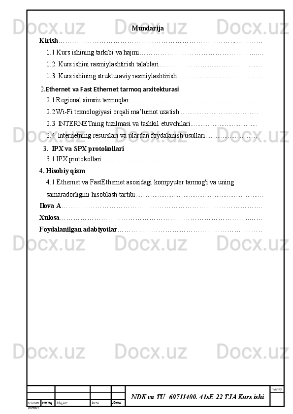 O’lcha m
mm m varaq Hujjat: Imzo
Sana  varaq
NDK va TU  60711400 .   41sE-22 TJA Kurs ishiMundarija
Kirish …………………………………………………………………...…………
1.1 Kurs ishining tarkibi va hajmi…………………………………………..…..
1.2. Kurs ishini rasmiylashtirish talablari…………………………………........
1.3. Kurs ishining strukturaviy rasmiylashtirish……………………………..…
2 . Ethernet va Fast Ethernet tarmoq arxitekturasi
2.1   Regional simsiz tarmoqlar . ..........................................................................
2.2   Wi-Fi texnologiyasi orqali ma’lumot uzatish ..............................................
2.3    INTERNETning tuzilmasi va tashkil etuvchilari .......................................
2.4    Internetning resurslari va ulardan foydalanish usullari ..............................
3 .    IPX va SPX protokollari
3.1   IPX protokollari..................................
4 . Hisobiy qism
4.1 Ethernet va FastEthernet asosidagi kompyuter tarmog'i va uning 
samaradorligini hisoblash tartibi..........................................................................
Ilova A …………………………………………………………………………….
Xulosa ………………………………………………………………………..……
Foydalanilgan adabiyotlar ………………………………………………..…….. 