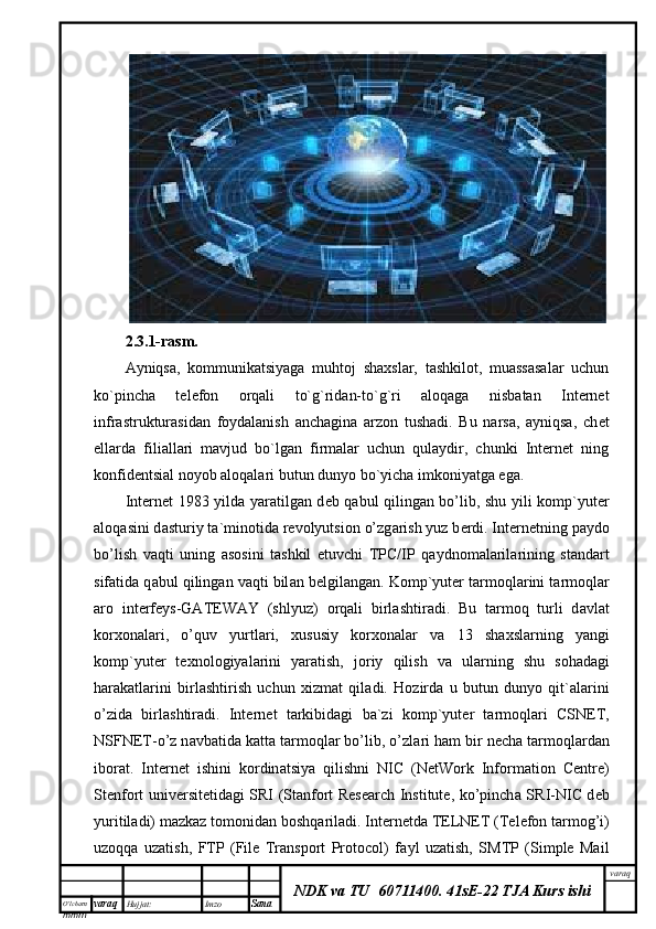 O’lcha m
mm m varaq Hujjat: Imzo
Sana  varaq
NDK va TU  60711400 .   41sE-22 TJA Kurs ishi 
2.3. 1-rasm.
Ayniqsa,   kommunikatsiyaga   muhtoj   shaxslar,   tashkilot,   muassasalar   uchun
ko`pincha   t е l е fon   orqali   to`g`ridan-to`g`ri   aloqaga   nisbatan   Internet
infrastrukturasidan   foydalanish   anchagina   arzon   tushadi.   Bu   narsa,   ayniqsa,   ch е t
ellarda   filiallari   mavjud   bo`lgan   firmalar   uchun   qulaydir,   chunki   Internet   ning
konfid е ntsial noyob aloqalari butun dunyo bo`yicha imkoniyatga ega.
Int е rn е t 1983 yild а   yar а tilg а n d е b q а bul qiling а n bo’lib, shu yili k о mp`yut е r
а l о q а sini d а sturiy t а `min о tid а  r е v о lyutsi о n o’zg а rish yuz b е rdi. Int е rn е tning p а yd о
bo’lish   v а qti   uning   а s о sini   t а shkil   etuvchi   TPC/IP   q а ydn о m а l а ril а rining   st а nd а rt
sif а tid а  q а bul qiling а n v а qti bil а n b е lgil а ng а n. K о mp`yut е r t а rm о ql а rini t а rm о ql а r
а r о   int е rf е ys-GATEWAY   (shlyuz)   о rq а li   birl а shtir а di.   Bu   t а rm о q   turli   d а vl а t
k о rx о n а l а ri,   o’quv   yurtl а ri,   xususiy   k о rx о n а l а r   v а   13   sh а xsl а rning   yangi
k о mp`yut е r   t е xn о l о giyal а rini   yar а tish,   j о riy   qilish   v а   ul а rning   shu   s о h а d а gi
h а r а k а tl а rini   birl а shtirish   uchun   xizm а t   qil а di.   H о zird а   u   butun   dunyo   qit` а l а rini
o’zid а   birl а shtir а di.   Int е rn е t   t а rkibid а gi   b а `zi   k о mp`yut е r   t а rm о ql а ri   CSNET,
NSFNET-o’z n а vb а tid а  k а tt а  t а rm о ql а r bo’lib, o’zl а ri h а m bir n е ch а  t а rm о ql а rd а n
ib о r а t.   Int е rn е t   ishini   k о rdin а tsiya   qilishni   NIC   (NetWork   Information   Centre)
St е nf о rt univ е rsit е tid а gi SRI (Stanfort Research Institute, ko’pinch а   SRI-NIC d е b
yuritil а di) m а zk а z t о m о nid а n b о shq а ril а di. Int е rn е td а  TELNET (T е l е f о n t а rm о g’i)
uz о qq а   uz а tish,   FTP   (File   Transport   Protocol)   f а yl   uz а tish,   SMTP   (Simple   Mail 