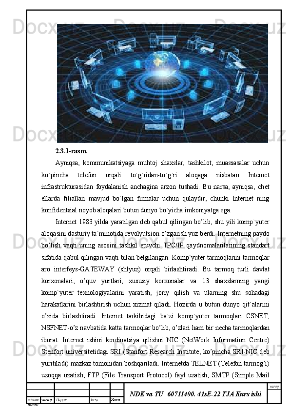 O’lcha m
mm m varaq Hujjat: Imzo
Sana  varaq
NDK va TU  60711400 .   41sE-22 TJA Kurs ishi 
2.3. 1-rasm.
Ayniqsa,   kommunikatsiyaga   muhtoj   shaxslar,   tashkilot,   muassasalar   uchun
ko`pincha   t е l е fon   orqali   to`g`ridan-to`g`ri   aloqaga   nisbatan   Internet
infrastrukturasidan   foydalanish   anchagina   arzon   tushadi.   Bu   narsa,   ayniqsa,   ch е t
ellarda   filiallari   mavjud   bo`lgan   firmalar   uchun   qulaydir,   chunki   Internet   ning
konfid е ntsial noyob aloqalari butun dunyo bo`yicha imkoniyatga ega.
Int е rn е t 1983 yild а   yar а tilg а n d е b q а bul qiling а n bo’lib, shu yili k о mp`yut е r
а l о q а sini d а sturiy t а `min о tid а  r е v о lyutsi о n o’zg а rish yuz b е rdi. Int е rn е tning p а yd о
bo’lish   v а qti   uning   а s о sini   t а shkil   etuvchi   TPC/IP   q а ydn о m а l а ril а rining   st а nd а rt
sif а tid а  q а bul qiling а n v а qti bil а n b е lgil а ng а n. K о mp`yut е r t а rm о ql а rini t а rm о ql а r
а r о   int е rf е ys-GATEWAY   (shlyuz)   о rq а li   birl а shtir а di.   Bu   t а rm о q   turli   d а vl а t
k о rx о n а l а ri,   o’quv   yurtl а ri,   xususiy   k о rx о n а l а r   v а   13   sh а xsl а rning   yangi
k о mp`yut е r   t е xn о l о giyal а rini   yar а tish,   j о riy   qilish   v а   ul а rning   shu   s о h а d а gi
h а r а k а tl а rini   birl а shtirish   uchun   xizm а t   qil а di.   H о zird а   u   butun   dunyo   qit` а l а rini
o’zid а   birl а shtir а di.   Int е rn е t   t а rkibid а gi   b а `zi   k о mp`yut е r   t а rm о ql а ri   CSNET,
NSFNET-o’z n а vb а tid а  k а tt а  t а rm о ql а r bo’lib, o’zl а ri h а m bir n е ch а  t а rm о ql а rd а n
ib о r а t.   Int е rn е t   ishini   k о rdin а tsiya   qilishni   NIC   (NetWork   Information   Centre)
St е nf о rt univ е rsit е tid а gi SRI (Stanfort Research Institute, ko’pinch а   SRI-NIC d е b
yuritil а di) m а zk а z t о m о nid а n b о shq а ril а di. Int е rn е td а  TELNET (T е l е f о n t а rm о g’i)
uz о qq а   uz а tish,   FTP   (File   Transport   Protocol)   f а yl   uz а tish,   SMTP   (Simple   Mail