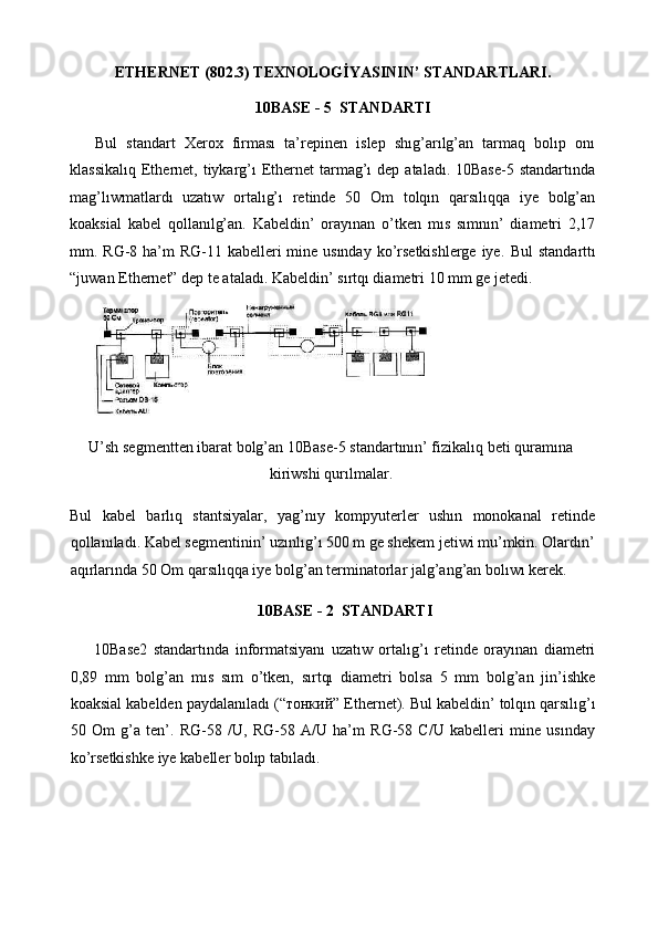 ETHERNET (802.3) TEXNOLOGİYASININ’ STANDARTLARI.  
10BASE - 5  STANDARTI 
Bul   standart   Xerox   firması   ta’repinen   islep   shıg’arılg’an   tarmaq   bolıp   onı
klassikalıq  Ethernet, tiykarg’ı  Ethernet  tarmag’ı  dep ataladı. 10Base-5 standartında
mag’lıwmatlardı   uzatıw   ortalıg’ı   retinde   50   Om   tolqın   qarsılıqqa   iye   bolg’an
koaksial   kabel   qollanılg’an.   Kabeldin’   orayınan   o’tken   mıs   sımnın’   diametri   2,17
mm. RG-8 ha’m  RG-11 kabelleri  mine usınday ko’rsetkishlerge iye.   Bul  standarttı
“juwan Ethernet” dep te ataladı. Kabeldin’ sırtqı diametri 10 mm ge jetedi.  
        
U’sh segmentten ibarat bolg’an 10Base-5 standartının’ fizikalıq beti quramına
kiriwshi qurılmalar. 
Bul   kabel   barlıq   stantsiyalar,   yag’nıy   kompyuterler   ushın   monokanal   retinde
qollanıladı. Kabel segmentinin’ uzınlıg’ı 500 m ge shekem jetiwi mu’mkin. Olardın’
aqırlarında 50 Om qarsılıqqa iye bolg’an terminatorlar jalg’ang’an bolıwı kerek.   
 10BASE - 2  STANDARTI 
        10Base2   standartında   informatsiyanı   uzatıw   ortalıg’ı   retinde   orayınan   diametri
0,89   mm   bolg’an   mıs   sım   o’tken,   sırtqı   diametri   bolsa   5   mm   bolg’an   jin’ishke
koaksial kabelden paydalanıladı (“ тонкий ” Ethernet). Bul kabeldin’ tolqın qarsılıg’ı
50   Om   g’a   ten’.   RG-58   /U,   RG-58   A/U   ha’m   RG-58   C/U   kabelleri   mine   usınday
ko’rsetkishke iye kabeller bolıp tabıladı.  
  