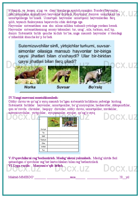 o‘tkazish  va  tanani  o‘ng  va  chap  qismlarga ajratish mumkin. Bunday hayvonlar 
ikki tomonlama simmetriyali hayvonlar deyiladi. Hayvonot  dunyosi  umurtqasiz  va 
umurtqalilarga  bo‘linadi.  Umurtqali  hayvonlar  umurtqasiz  hayvonlardan  farq 
qilib, tayanch funksiyasini bajaruvchi ichki skeletga ega.
Hayvonlar  sistematikasi  ana  shu  xilma-xillikni tushunib yetishga yordam beradi.  
Hayvonlar  sistematikasining  asosiy taksonlari: tur, urug‘, oila, turkum, sinf, tip, 
dunyo. Sistematik  birlik  qancha  kichik  bo‘lsa, unga  mansub  hayvonlar  o‘rtasidagi 
o‘xshashlik shuncha ko‘p bo‘ladi.
IV.Yangi mavzuni mustahkamlash: 
Oddiy chivin va qo‘ng‘ir ayiq mansub bo‘lgan sistematik birliklarni jadvalga  kiriting.  
Sistematik  birliklar:  hayvonlar, umurtqasizlar, bo‘g‘imoyoqlilar, hasharotlar, ikkiqanotlilar,
qon so‘ruvchi  chivinlar,  haqiqiy  chivinlar, oddiy chivin; umurtqalilar, xordalilar, 
sutemizuvchilar,  yirtqichlar,  ayiqsimonlar, ayiqlar, qo‘ng‘ir ayiq
V.O‘quvchilarni rag‘batlantirish. Mashg‘ulotni yakunlash. : Mashg‘ulotda faol 
qatnashgan o‘quvchilar rag‘bat kartochkalari bilan rag‘batlantiriladi.
VI.Uyga vazifa:   Mavzuni o‘qib kelish
Maktab MMIBDO‘_______ ______________sana______  ___________________ 20__yil 