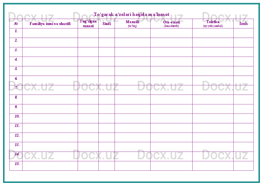 To‘garak a‘zolari haqida ma’lumot
№ Familiya ismi va sharifi Tug ‘ ilgan
sanasi Sinfi Manzili
(to‘liq) Ota-onasi
(Ismi sharifi) Telefon
(uy yoki mobil) Izo h
1.
2.
3.
4.
5.
6.
7.
8.
9.
10.
11.
12.
13.
14.
15. 