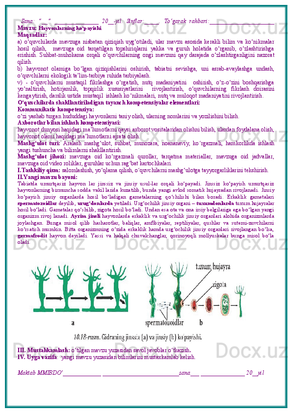   Sana:   “__”   _______________   20__-yil.   Sinflar:_____.   To‘garak   rahbari:______________________
Mavzu:   Hayvonlarning ko‘payishi
Maqsadlar: 
a)   o‘quvchilarda   mavzuga   nisbatan   qiziqish   uyg‘otiladi,   ular   mavzu   asosida   kerakli   bilim   va   ko‘nikmalar
hosil   qilish,     mavzuga   oid   tarqatilgan   topshiriqlarni   yakka   va   guruh   holatida   o‘rganib,   o‘zlashtirishga
erishish.   S uhbat-muhokama   orqali   o‘ quvchilarning   o ngi   mavzuni   qay   darajada   o‘zlashtirganligini   nazorat
qilish.
b)   hаyvоnоt   оlаmigа   bo ‘ lgаn   qiziqishlаrini   оshiri sh ,   tabiatni   sevishga,   uni   asrab-avaylashga   undash,
o‘quvchilarni ekologik ta’lim-tarbiya ruhida tarbiyalash.
v)   -   o‘quvchilarni   mustaqil   fikrlashga   o‘rgatish,   nutq   madaniyatini     oshirish,   o‘z-o‘zini   boshqarishga
yo‘naltirish,   hotirjamlik,   topqirlik   xususiyatlarini     rivojlantirish,   o ‘ quvchilarning   fikrlash   doirasini
kengaytirish,  darslik ustida mustaqil  ishlash  ko‘nikmalari, nutq va muloqot madaniyatini rivojlantirish .
O‘quvchilarda shakllantiriladigan tayanch kompetensiyalar elementlari: 
Kommunikativ kompetensiya: 
o‘zi yashab turgan hududdagi hayvonlarni taniy olish, ularning nomlarini va yozilishini bilish. 
Axborotlar bilan ishlash kompetensiyasi: 
hayvonot dunyosi haqidagi ma’lumotlarni qaysi axborot vositalaridan olishni bilish, ulardan foydalana olish,
hayvonot olami haqidagi ma’lumotlarni ajrata olish. 
Mashg‘ulot   turi:   Aralash   mashg‘ulot,   suhbat,   munozara,   noananaviy,   ko ʻ rgazmali,   hamkorlikda   ishlash
yangi tushuncha va bilimlarni shakllantirish.
Mashg‘ulot   jihozi:   mavzuga   oid   ko‘rgazmali   qurollar,   tarqatma   materiallar,   mavzuga   oid   jadvallar,
mavzuga oid video roliklar, guruhlar uchun rag ʻ bat kartochkalari.
I.Tashkiliy qism:   salomlashish, yo‘qlama   qilish, o quvchilarni mashgʻ ‘ ulotga tayyorgarliklarini tekshirish.
II.Yangi mavzu bayoni:
Tabiatda   umurtqasiz   hayvon   lar   jinssiz   va   jinsiy   usul-lar   orqali   ko‘payadi.   Jinssiz   ko‘payish   umurtqasiz
hayvonlarning birmuncha sodda vakil larida kuzatilib, bunda yangi avlod somatik hujayradan rivojlanadi.   Jinsiy
ko‘payish   jinsiy   organlarda   hosil   bo‘ladigan   gametalarning   qo‘shilishi   bilan   boradi.   Erkaklik   gametalari
spermatozoidlar  deyilib,  urug‘donlarda  yetiladi. Urg‘ochilik jinsiy organi –  tuxumdonlarda  tuxum hujayralar
hosil bo‘ladi. Gametalar qo‘shilib, zigota hosil bo‘ladi. Undan esa ota va ona irsiy belgilariga ega bo‘lgan yangi
organizm rivoj lanadi.   Ayrim jinsli   hayvonlarda  erkaklik  va urg‘ochilik  jinsiy organlari  alohida  organizmlarda
joylashgan.   Bunga   misol   qilib   hasharotlar,   baliqlar,   amfibiyalar,   reptiliyalar,   qushlar   va   sutemi-zuvchilarni
ko‘rsatish   mumkin.   Bitta   organizmning   o‘zida   erkaklik   hamda   urg‘ochilik   jinsiy   organlari   rivojlangan   bo‘lsa,
germafrodit   hayvon   deyiladi.   Yassi   va   halqali   chuvalchanglar,   qorinoyoqli   mollyuskalar   bunga   misol   bo‘la
oladi.
III. Mustahkamlash:  o‘tilgan mavzu yuzasidan savol javoblar o‘tkazish .
IV. Uyga vazifa :    yangi mavzu yuzasidan bilimlarini mustaxkamlab kelish.  
Maktab MMIBDO‘_____________ __________________________sana___ _______________ 20__yil 