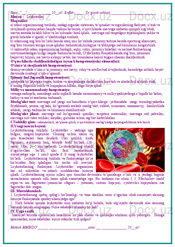 Sana: “__” _____________ 20__yil. Sinflar:_____. To‘garak rahbari:_________________________   
Mavzu:       Leykotsitlar.
Maqsadlar: 
a) odam organizmining tuzilishi, undagi organlar sistemasi, to‘qimalar va organlarning faoliyati, o‘sish va 
rivojlanish qonuniyatlari haqida tushuncha berish, o‘quvchilarda mavzuga nisbatan qiziqish uyg’otish, 
mavzu asosida kerakli bilim va ko‘nikmalar hosil qilish,  mavzuga oid tarqatilgan topshiriqlarni yakka va 
guruh holatida o‘rganib, o‘zlashtirishga erishish. 
b) odamning sog’lom bo‘lishi hamda uzoq umr ko‘rishida jismoniy tarbiya hamda sportning ahamiyati, 
sog’lom turmush tarziga rioya qilishni tushuntirish,biologiya va tibbiyotga oid bilimlarini kengaytirish.
v) salomatlik odam organizmining biologik, aqliy, ruhiy, jismoniy holatlari va mehnat faoliyatining 
muvozanatlashgan birligi haqida tushuncha berish, O‘zbekiston Respublikasida sog’lom, jismonan 
baquvvat, bilimli, ma’naviy-axloqiy yetuk, har tomonlama kamol topgan shaxsni shakllantirish.
O‘quvchilarda shakllantiriladigan tayanch kompetensiyalar elementlari:
O‘zini o‘zi rivojlantirish kompetensiyasi:
doimiy ravishda o‘zini o‘zi jismoniy, ma’naviy, ruhiy va intellectual rivojlantirish, kamolotga intilish, hayot 
davomida mustaqil o‘qib-o‘rganish.
Ijtimoiy faol fuqarolik kompetensiyasi:
jamiyatda bo‘layotgan voqea, hodisa va jarayonlarga daxldorlikni his etish va ularda faol ishtirok etish, 
o‘zining fuqarolik burch va huquqlarini bilishi, unga rioya qilish.
Milliy va umummadaniy kompetensiya:
vatanga sadoqatli, insonlarga mehr-oqibatli hamda umuminsoniy va milliy qadriyatlarga e’tiqodli bo‘lishni, 
badiiy va san’at asarlarini tushunish.
Mashg’ulot   turi:   mavzuga   oid   yangi   ma’lumotlarni   o‘quvchilarga     yetkazishda     yangi   texnologiyalardan
foydalanish,   yozma, og’zaki, ko‘rgazmali   aralash mashg’ulot, suhbat, munozara,   noananaviy,   hamkorlikda
ishlash,  yangi tushuncha va bilimlarni shakllantirish.
Mashg’ulot   jihozi:   mavzuga   oid   ko‘rgazmali   qurollar,   tarqatma   materiallar,   mavzuga   oid   jadvallar,
mavzuga oid video roliklar, slaydlar, guruhlar uchun rag ʻ bat kartochkalari.
I.Tashkiliy qism:   salomlashish, yo‘qlama qilish, o quvchilarni mashg’ulotga tayyorgarliklarini tekshirish.ʻ
II.Yangi mavzu bayoni:
Leykotsitlarning     tuzilishi.     Leykotsitlar    -   yadroga     ega
bolgan,     rangsiz   hujayralar.     Shuning     uchun     ularni     oq
qon     tanachalari     ham     deyiladi.     Ular     qizililik,     limfa
tugunlari,     ayrisimon     bez,     taloqda     hosil     bo‘ladi     (26-
rasm).  Ular  2—5 kun yashaydi.  Leykotsitlarning  shakli
o‘zgaruvchan     bo‘lib,     ular     faol     harakatlanish
xususiyatiga  ega.  1  mm3  qonda  6 -8  ming  leykotsitlar
bo‘ladi.     Leykotsitlarning   tuzilishi   va   funksiyasiga   ko‘ra
bir-biridan   farq   qiladigan   bir   necha   xili   mavjud.
Leykotsitlarning     funksiyasi.     Leykotsitlar     organizmni
har     xil     mikroblar     va   zaharli     moddalardan     himoya
qiladi.  Leykotsitlarning  ayrim  xillari  qon  tomirlari devoridan  to‘qimalarga  o‘tish  va  u  yerdagi  begona
zarrachalarni  qamrab  olib, hazm  qilish xususiyatiga  ega.  Bu  hodisani  rus  olimi  I.  I.  Mechnikov  kashf
etgan va   uni   fagotsitoz (yunoncha   «fagos»   -   yutaman,   «sitos»   hujayra),   «yutuvchi» hujayralarni   esa
fagotsitlar deb  atagan.  
III. Mustahkamlash: 
1. Leykotsitlarning  qattiq  qobig’i  bo‘lmasligi  va  tana  shaklini  oson  o‘zgartira  olish xususiyati ularning
himoya funksiyasida qanday ahamiyatga ega?
2.   Yosh   bolalar   qonida   leykotsitlar   soni   nisbatan   ko‘p   bolishi,   bola   ulg’ayishi   davomida   ular   sonining
kamayib borishi aniqlangan. Nima sababdan shunday bo‘ladi?
IV. Uyga vazifa :
  Insoniyat   tarixida   epidemiyali   kasalliklar   ko‘plab   shahar   va   qishloqlar   aholisini   qirib   yuborgan.     Shunga
qaramasdan, nima sababdan  ayrim odamlar tirik qolgan?   
Maktab MMIBDO‘______ ______________________sana-___ ______________ 20__-yil 