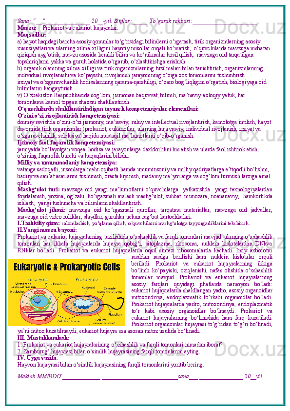 Sana: “__” _______________ 20__-yil. Sinflar:_____. To‘garak rahbari:______________________  
Mavzu:      Prokariot va eukariot hujayralar. 
Maqsadlar: 
a) hayot haqidagi barcha asosiy qonunlar to‘g‘risidagi bilimlarni o‘rgatash, tirik organizmlarning asosiy 
xususiyatlari va ularning xilma-xilligini hayotiy misollar orqali ko‘rsatish,  o‘quvchilarda mavzuga nisbatan 
qiziqish uyg‘otish, mavzu asosida kerakli bilim va ko‘nikmalar hosil qilish,  mavzuga oid tarqatilgan 
topshiriqlarni yakka va guruh holatida o‘rganib, o‘zlashtirishga erishish. 
b) organik olamning xilma-xilligi va tirik organizmlarning tuzilmalari bilan tanishtirish, organizmlarning 
individual rivojlanishi va ko‘payishi, rivojlanish jarayonining o‘ziga xos tomonlarini tushuntirish
irsiyat va o‘zgaruvchanlik hodisalarining qarama-qarshiligi, o‘zaro bog‘liqligini o‘rgatish, biologiyaga oid 
bilimlarini kengaytirish.
v) O‘zbekiston Respublikasida sog‘lom, jismonan baquvvat, bilimli, ma’naviy-axloqiy yetuk, har 
tomonlama kamol topgan shaxsni shakllantirish.
O‘quvchilarda shakllantiriladigan tayanch kompetensiyalar elementlari:
O‘zini o‘zi rivojlantirish kompetensiyasi:
doimiy ravishda o‘zini-o‘zi jismoniy, ma’naviy, ruhiy va intellectual rivojlantirish, kamolotga intilish, hayot 
davomida tirik organizmlar (prokariot, eukariotlar, ularning hujayraviy, individual rivojlanish, irsiyat va 
o‘zgaruvchanlik, seleksiya) haqida mustaqil ma’lumotlarni o‘qib-o‘rganish.
Ijtimoiy faol fuqarolik kompetensiyasi:
jamiyatda bo‘layotgan voqea, hodisa va jarayonlarga daxldorlikni his etish va ularda faol ishtirok etish, 
o‘zining fuqarolik burchi va huquqlarini bilishi.
Milliy va umummadaniy kompetensiya:
vatanga sadoqatli, insonlarga mehr-oqibatli hamda umuminsoniy va milliy qadriyatlarga e’tiqodli bo‘lishni, 
badiiy va san’at asarlarini tushunish, orasta kiyinish, madaniy me’yorlarga va sog‘lom turmush tarziga amal 
qilish.
Mashg‘ulot   turi:   mavzuga   oid   yangi   ma’lumotlarni   o‘quvchilarga     yetkazishda     yangi   texnologiyalardan
foydalanish,   yozma, og‘zaki, ko‘rgazmali   aralash mashg‘ulot, suhbat, munozara,   noananaviy,   hamkorlikda
ishlash,  yangi tushuncha va bilimlarni shakllantirish.
Mashg‘ulot   jihozi:   mavzuga   oid   ko ‘ rgazmali   qurollar,   tarqatma   materiallar,   mavzuga   oid   jadvallar,
mavzuga oid video roliklar, slaydlar, guruhlar uchun rag ʻ bat kartochkalari.
I.Tashkiliy qism:   salomlashish, yo‘qlama qilish, o quvchilarni mashg‘ulotga tayyorgarliklarini tekshirish.ʻ
II.Yangi mavzu bayoni:
Prokariot va eukariot hujayralarning tuzilishida o‘xshashlik va farqli tomonlari mavjud. ularning o‘xshashlik
tomonlari   har   ikkala   hujayralarda   hujayra   qobig‘i,   sitoplazma,   ribosoma,   nuklein   kislotalardan   DNkva
RNklar   bo‘ladi.   Prokariot   va   eukariot   hujayralarda   oqsil   sintezi   ribosomalarda   kechadi.   Irsiy   axborotni
nasldan   naslga   berilishi   ham   nuklein   kislotalar   orqali
beriladi.   Prokariot   va   eukariot   hujayralarning   ikkiga
bo‘linib   ko‘payishi,   oziqlanishi,   nafas   olishida   o‘xshashlik
tomonlar   mavjud.   Prokariot   va   eukariot   hujayralarning
asosiy   farqlari   quyidagi   jihatlarda   namoyon   bo‘ladi:
eukariot hujayralarda shakllangan yadro, asosiy organoidlar
mitoxondriya,   endoplazmatik   to‘rkabi   organoidlar   bo‘ladi.
Prokariot hujayralarda  yadro, mitoxondriya,  endoplazmatik
to‘r   kabi   asosiy   organoidlar   bo‘lmaydi.   Prokariot   va
eukariot   hujayralarning   bo‘linishida   ham   farq   kuzatiladi.
Prokariot organizmlar hujayrasi to‘g‘ridan to‘g‘ri bo‘linadi,
ya’ni mitoz kuzatilmaydi, eukariot hujayra esa asosan mitoz usulida bo‘linadi.
III. Mustahkamlash: 
1. Prokariot va eukariot hujayralarining o‘xshashlik va farqli tomonlari nimadan iborat?
2. Zamburug‘ hujayrasi bilan o‘simlik hujayrasining farqli tomonlarini ayting.
IV. Uyga vazifa :    
Hayvon hujayrasi bilan o‘simlik hujayrasining farqli tomonlarini yoritib bering.
Maktab MMIBDO‘_____________ __________________________sana___ _______________ 20__yil 