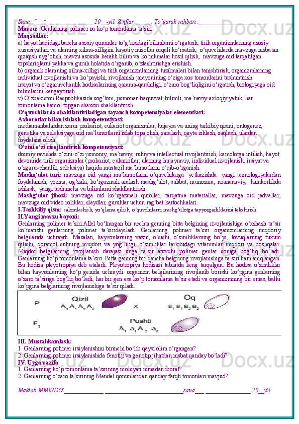 Sana: “__” _______________ 20__-yil. Sinflar:_____. To‘garak rahbari:______________________  
Mavzu:    Genlarning polimer  ва  ko‘p tomonlama ta’siri. 
Maqsadlar: 
a) hayot haqidagi barcha asosiy qonunlar to‘g‘risidagi bilimlarni o‘rgatash, tirik organizmlarning asosiy 
xususiyatlari va ularning xilma-xilligini hayotiy misollar orqali ko‘rsatish,  o‘quvchilarda mavzuga nisbatan 
qiziqish uyg‘otish, mavzu asosida kerakli bilim va ko‘nikmalar hosil qilish,  mavzuga oid tarqatilgan 
topshiriqlarni yakka va guruh holatida o‘rganib, o‘zlashtirishga erishish. 
b) organik olamning xilma-xilligi va tirik organizmlarning tuzilmalari bilan tanishtirish, organizmlarning 
individual rivojlanishi va ko‘payishi, rivojlanish jarayonining o‘ziga xos tomonlarini tushuntirish
irsiyat va o‘zgaruvchanlik hodisalarining qarama-qarshiligi, o‘zaro bog‘liqligini o‘rgatish, biologiyaga oid 
bilimlarini kengaytirish.
v) O‘zbekiston Respublikasida sog‘lom, jismonan baquvvat, bilimli, ma’naviy-axloqiy yetuk, har 
tomonlama kamol topgan shaxsni shakllantirish.
O‘quvchilarda shakllantiriladigan tayanch kompetensiyalar elementlari:
Axborotlar bilan ishlash kompetensiyasi:
mediamanbalardan zarur prokariot, eukariot organizmlar, hujayra va uning tarkibiy qismi, ontogenez, 
genetika va seleksiyaga oid ma’lumotlarni izlab topa olish, saralash, qayta ishlash, saqlash, ulardan 
foydalana olish.
O‘zini o‘zi rivojlantirish kompetensiyasi:
doimiy ravishda o‘zini-o‘zi jismoniy, ma’naviy, ruhiy va intellectual rivojlantirish, kamolotga intilish, hayot 
davomida tirik organizmlar (prokariot, eukariotlar, ularning hujayraviy, individual rivojlanish, irsiyat va 
o‘zgaruvchanlik, seleksiya) haqida mustaqil ma’lumotlarni o‘qib-o‘rganish.
Mashg‘ulot   turi:   mavzuga   oid   yangi   ma’lumotlarni   o‘quvchilarga     yetkazishda     yangi   texnologiyalardan
foydalanish,   yozma, og‘zaki, ko‘rgazmali   aralash mashg‘ulot, suhbat, munozara,   noananaviy,   hamkorlikda
ishlash,  yangi tushuncha va bilimlarni shakllantirish.
Mashg‘ulot   jihozi:   mavzuga   oid   ko ‘ rgazmali   qurollar,   tarqatma   materiallar,   mavzuga   oid   jadvallar,
mavzuga oid video roliklar, slaydlar, guruhlar uchun rag ʻ bat kartochkalari.
I.Tashkiliy qism:   salomlashish, yo‘qlama qilish, o quvchilarni mashg‘ulotga tayyorgarliklarini tekshirish.ʻ
II.Yangi mavzu bayoni:
Genlarning polimer ta’siri.Allel bo‘lmagan bir nechta genning bitta belgining rivojlanishiga o‘xshash ta’sir
ko‘rsatishi   genlarning   polimer   ta’sirideyiladi.   Genlarning   polimer   ta’siri   organizmlarning   miqdoriy
belgilarida   uchraydi.   Masalan,   hayvonlarning   vazni,   o‘sishi,   o‘simliklarning   bo‘yi,   tovuqlarning   tuxum
qilishi,   qoramol   sutining   miqdori   va   yog‘liligi,   o‘simliklar   tarkibidagi   vitaminlar   miqdori   va   boshqalar.
Miqdor   belgilarning   rivojlanish   darajasi   unga   ta’sir   etuvchi   polimer   genlar   soniga   bog‘liq   bo‘ladi.
Genlarning ko‘p tomonlama ta’siri. Bitta genning bir qancha belgining rivojlanishiga ta’siri ham aniqlangan.
Bu   hodisa   pleyotropiya   deb   ataladi.   Pleyotropiya   hodisasi   tabiatda   keng   tarqalgan.   Bu   hodisa   o‘simliklar
bilan   hayvonlarning   ko‘p   genida   uchraydi.   organizm   belgilarining   rivojlanib   borishi   ko‘pgina   genlarning
o‘zaro ta’siriga bog‘liq bo‘ladi, har bir gen esa ko‘p tomonlama ta’sir etadi va organizmning bir emas, balki
ko‘pgina belglarining rivojlanishiga ta’sir qiladi.
III. Mustahkamlash: 
1. Genlarning polimer irsiylanishini birinchi bo‘lib qaysi olim o‘rgangan?
2. Genlarning polimer irsiylanishida fenotip va genotip jihatdan nisbat qanday bo‘ladi?
IV. Uyga vazifa :    
1. Genlarning ko‘p tomonlama ta’sirining mohiyati nimadan iborat?
2. Genlarning o‘zaro ta’sirining Mendel qonunlaridan qanday farqli tomonlari mavjud?
Maktab MMIBDO‘_____________ __________________________sana___ _______________ 20__yil 