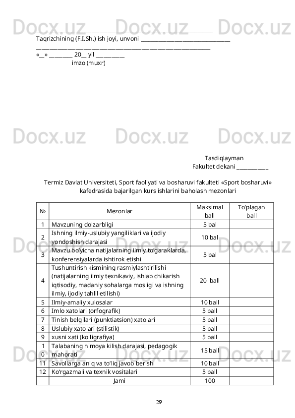 29___________________________________________________________________
Ta q rizchining (F.I.Sh.) ish joyi, unvoni __________________________________
__________________________________________________________________
«__» _________ 20__ yil ___________
                       imzo (mu x r)
   
           Tasdi q layman
Fakultet dekani ____________
Termiz Davlat Universiteti, Sport faoliyati va bosharuvi fakulteti «Sport bosharuvi»
kafedrasida bajarilgan kurs ishlarini ba h olash mezonlari
№ Mezonlar Maksimal
ball To‘plagan
ball
1 Mavzuning dolzarbligi 5 bal
2 Ishning ilmiy-uslubiy yangiliklari va ijodiy 
yondoshish darajasi 10 bal
3 Mavzu b o‘ yicha natijalarning ilmiy t o‘ garaklarda,
konferensiyalarda ishtirok etishi  5 bal
4 Tushuntirish kismining rasmiylashtirilishi 
(natijalarning ilmiy texnikaviy, ishlab chikarish 
iqtisodiy, madaniy sohalarga mosligi va ishning 
ilmiy, ijodiy tahlil etilishi) 20  ball
5 Ilmiy-amaliy xulosalar  10 ball
6 Imlo xatolari (orfografik) 5 ball
7 Tinish belgilari (punktiatsion) xatolari 5 ball
8 Uslubiy xatolari (stilistik) 5 ball
9 xusni xati (kolligrafiya) 5 ball
 1
0 Talabaning  h imoya  k ilish darajasi, pedagogik 
ma h orati 15 ball
11 Savollarga ani q  va t o‘ li q  javob berishi 10 ball
12 K o‘ rgazmali va texnik vositalari 5 ball
Jami 100